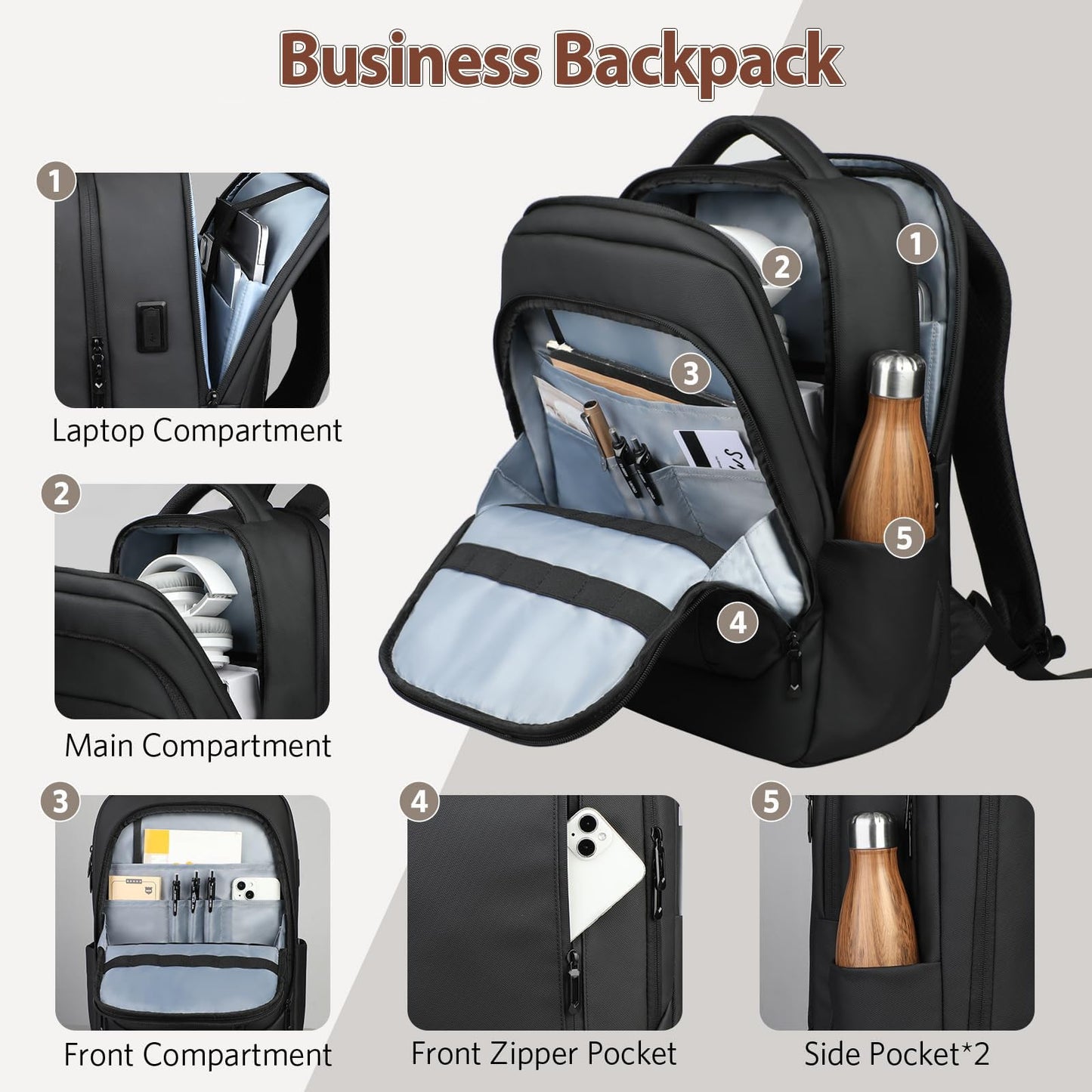 HEROIC KNIGHT 17-Inch Laptop Backpack for Men & Women, 25L Business Work Backpack with USB Charging Port, Water Resistant Computer Bag with Anti-Theft Pocket for Travel Office Daily– Black