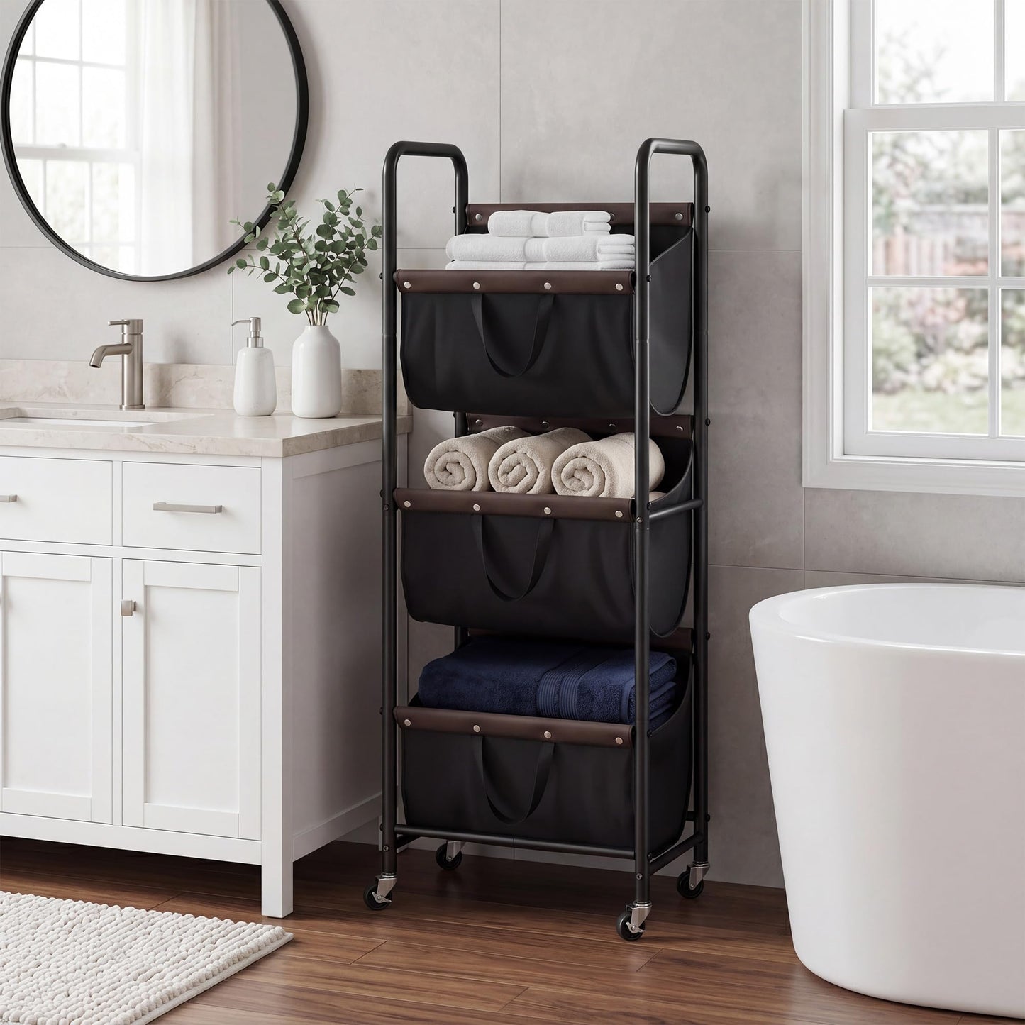 GRANNY SAYS 3 Section Tiered Laundry Sorter, Slim Vertical Laundry Hamper with Wheels, Narrow Rolling Laundry Cart with Removable Bags for Laundry Room, Bathroom, Closet, Dorm, Black