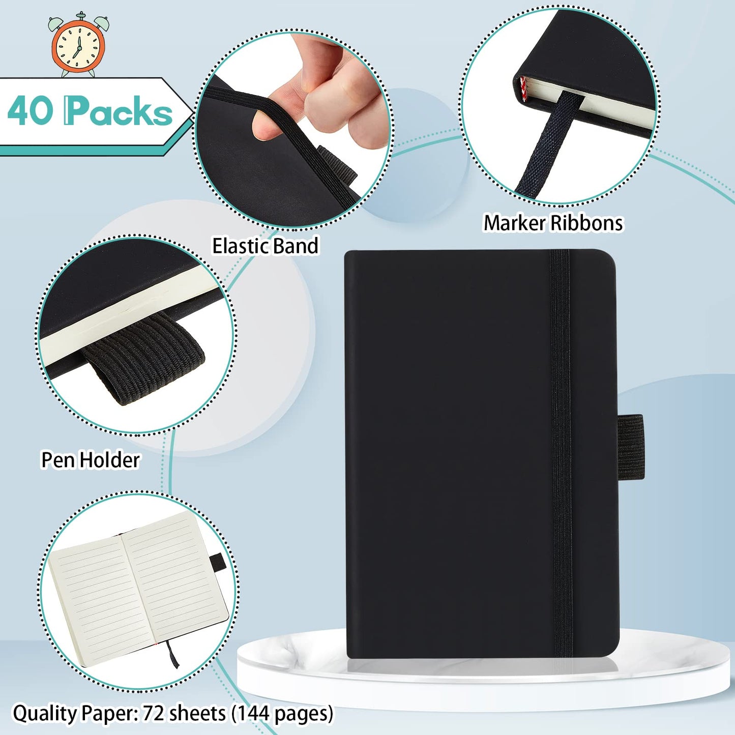 Laumoi 40 Pieces Small Notebooks A6 Pocket Journals 3.5 x 5.5 Inch Small Leather Notebook Mini Ruled Lined Journal with Elastic Band Pen Holder Page Marker Ribbons (Black)
