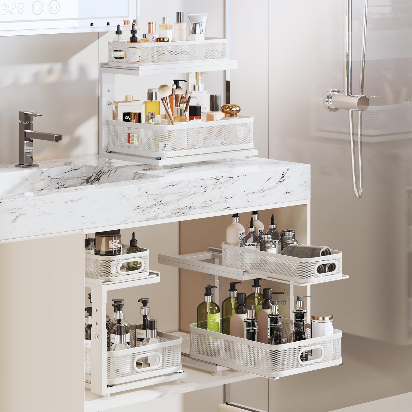 Corbyles 2 Pack Under Sink Organizer With Next-Gen Ball-Bearing Slides,2-Tier Precision Mesh Pull Out Cabinet Drawers Storage for Bathroom&Kitchen,Height Adjustable Shelf,Rust-resistant-Patent Pending