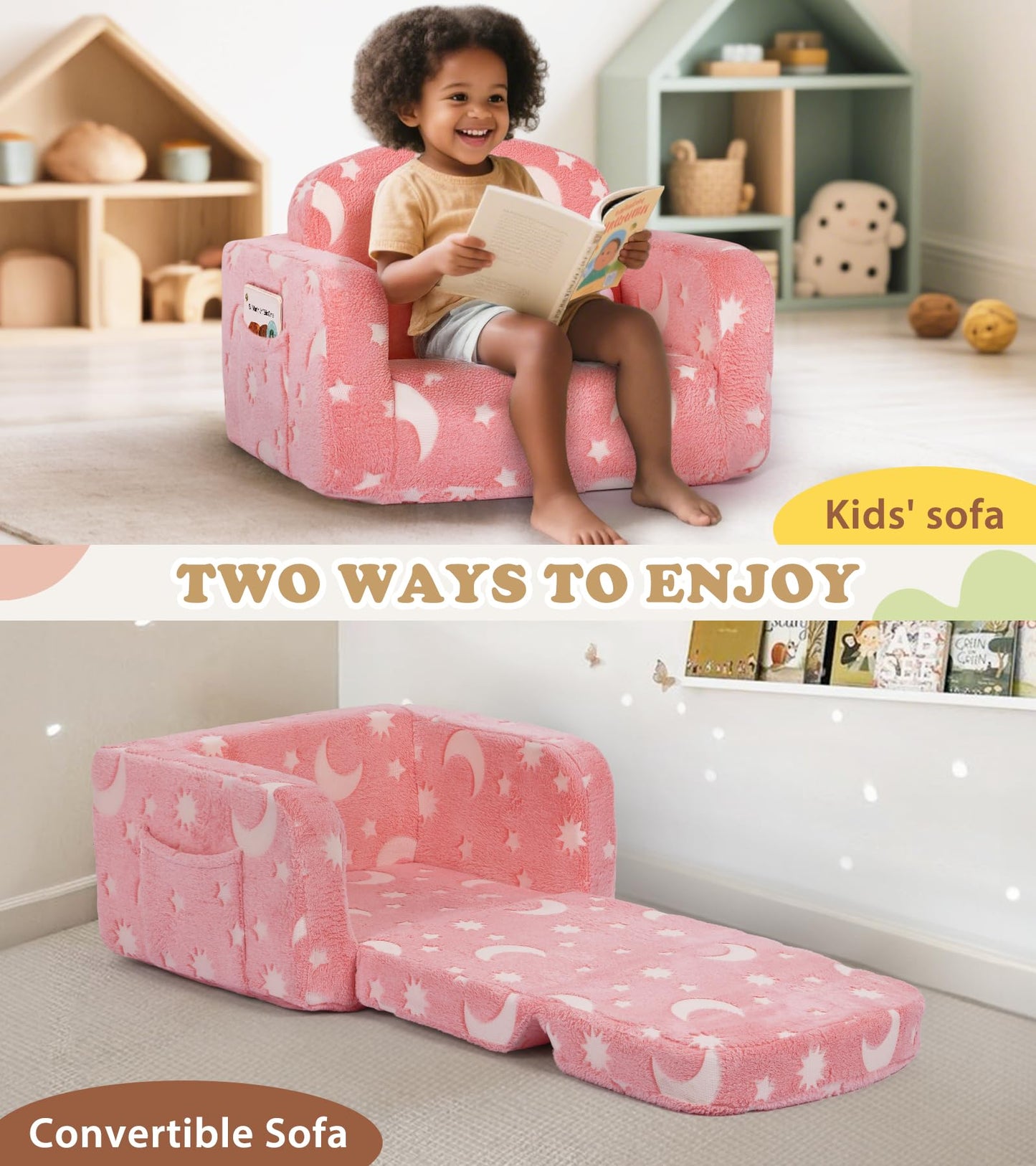 Kids Couch, 2-in-1 Soft Toddler Couch Fold Out with Blanket and Cloud Pillow, Glow in The Dark, Convertible Sofa, Gifts for Kids Girl Boys, Medium Pink Moon