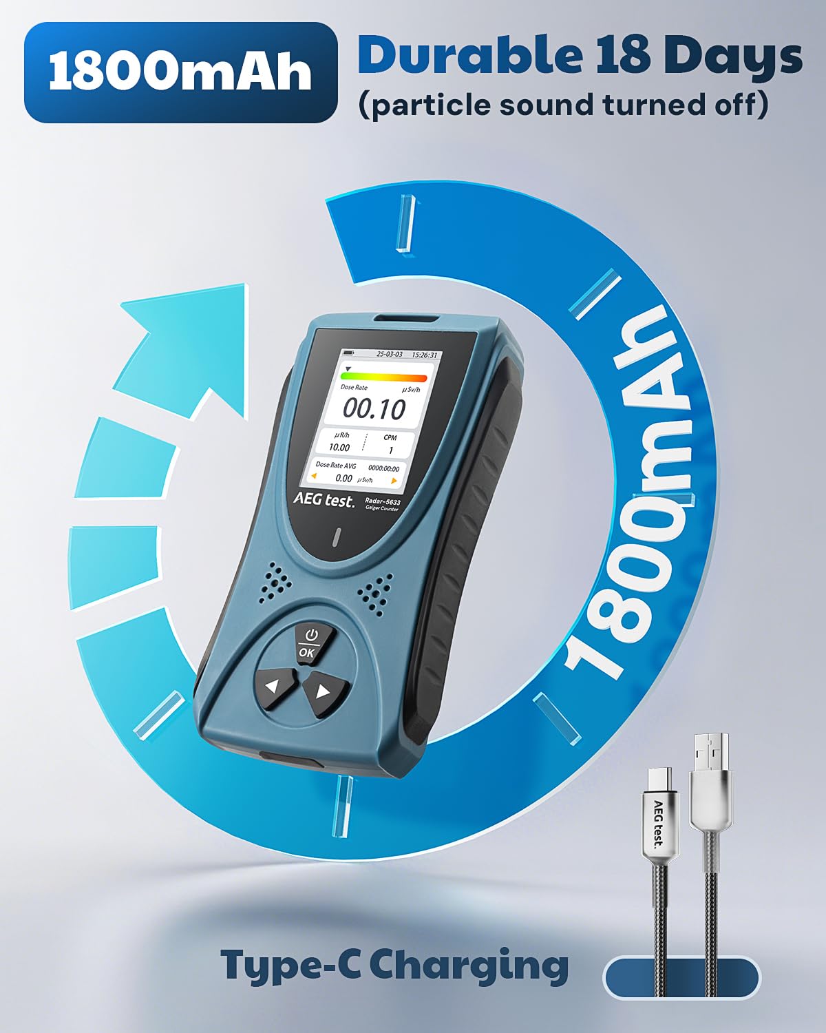 Radiation Detector AEGTEST Radar-5633 Portable Nuclear Radiation Detector with LCD Screen, Rechargeable Dosimeter for Beta Gamma X-ray Detection, Measures in CPM μSv/h μR/h μSv - Blue