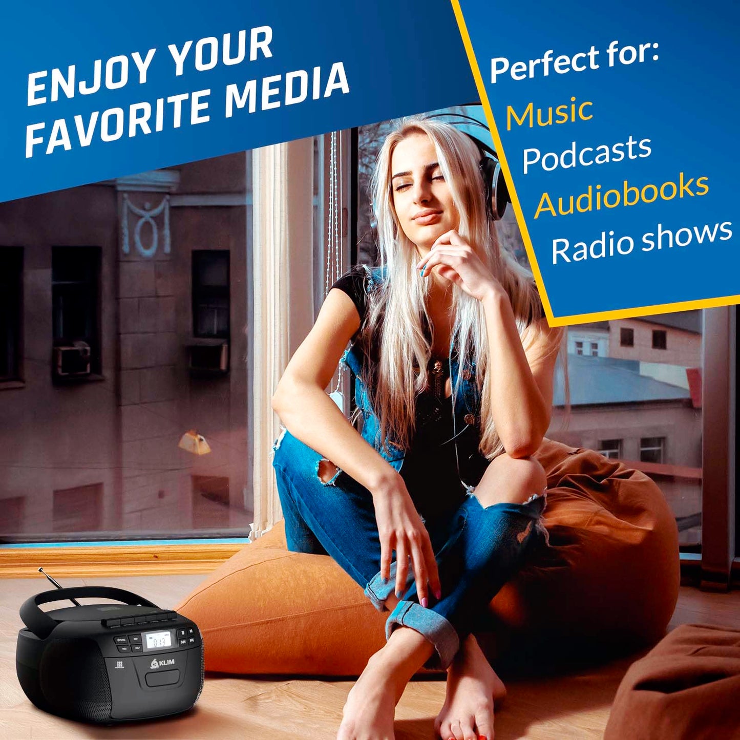 KLIM CD + Cassette Tape Player, Bluetooth CD Boombox, AM/FM Radio, Stereo Sound, Remote, CD and Cassette Player Combo, Tape Recording, USB Drive, AUX