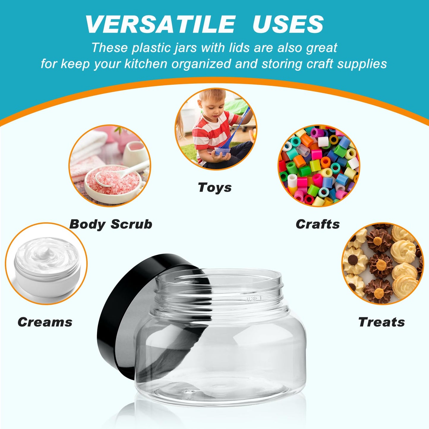Tessco 24 Pack Plastic Jars with Lids Labels Empty Clear Plastic Jars Round Refillable Cosmetic Containers Body Butter Containers Bulk Sugar Scrub Bottle for Make Up(8 oz,Clear)