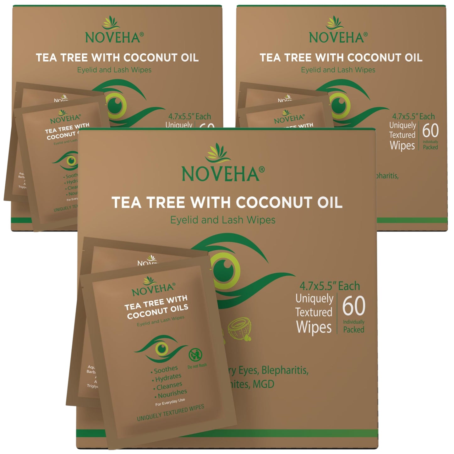 NOVEHA Tea Tree & Coconut Oil Eyelid & Lash Wipes | For Demodex, Blepharitis & Itchy Eyes - Effective Eyelash Wipes With Aloe Vera, Natural Makeup Remover & Daily Eye Cleanser - 60PCS (Pack of 3)