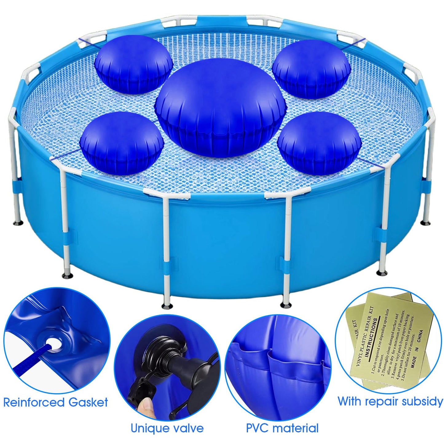 4+1 Combined Pool Pillow,Inflatable PoolPillows for Above Ground Pools with 5Pcs 10m Ropes,Pool Air Pillow for Support Swimming Pool Covers(Dark Blue, 5ft Dia + 4Pcs 3ft Dia)