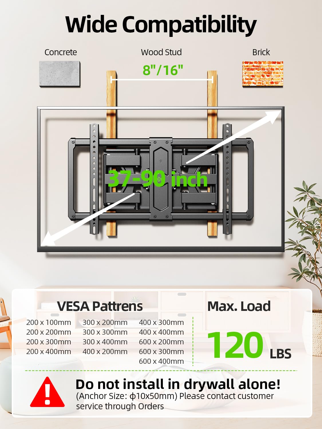 USX MOUNT Ultra Slim TV Wall Mount for Most 37-90 inch Television, Full Motion TV Mount Dual Swivel Articulating Tilt 6 Arms, Up to 120lbs, VESA 600x400mm, Max 16" Wood Studs, XML612-K