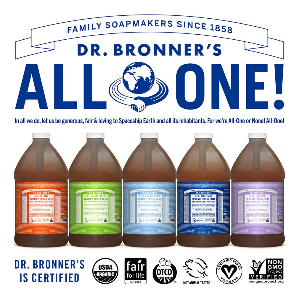 Dr. Bronner's Organic Sugar Soap (Peppermint, 64 Ounce)- Made with Organic Oils, Sugar & Shikakai Powder, 4-in-1 Uses: Hand and Body Wash, Face, Hair- Cleanses, Moisturizes, Nourishes, Vegan