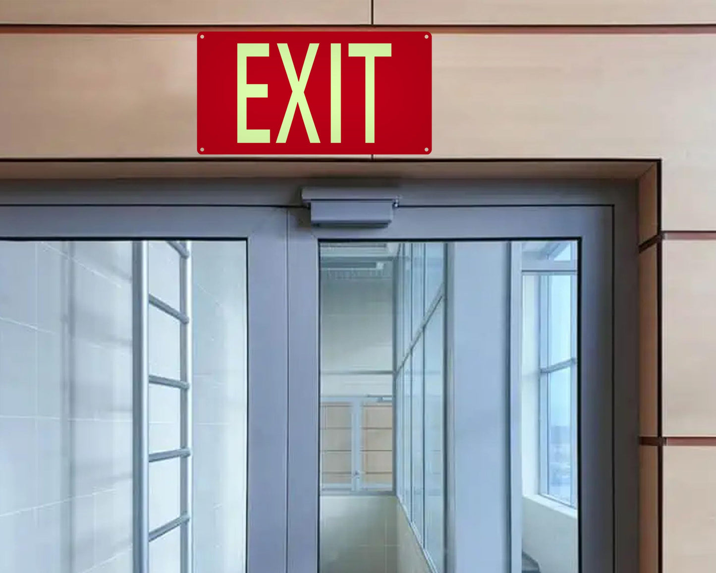 (4 Pack) Photoluminescent Exit Sign Aluminum - Adhesive Backing - Glow In The Dark Exit Sign - Removable Arrows Included - 14.25x7.5 Inches - Non Electrical Red Exit Light For 50 Feet Visibility