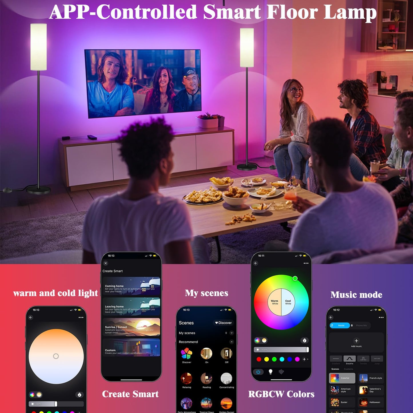 Qaubauyt Smart LED Floor Lamp with APP Control & RGB Colors - Dimmable Standing Lamp for Living Room, Bedroom, Gaming - Remote, Timer, 9W Bulb Included, 67" Modern Tall Lamp (black pole + white shade)