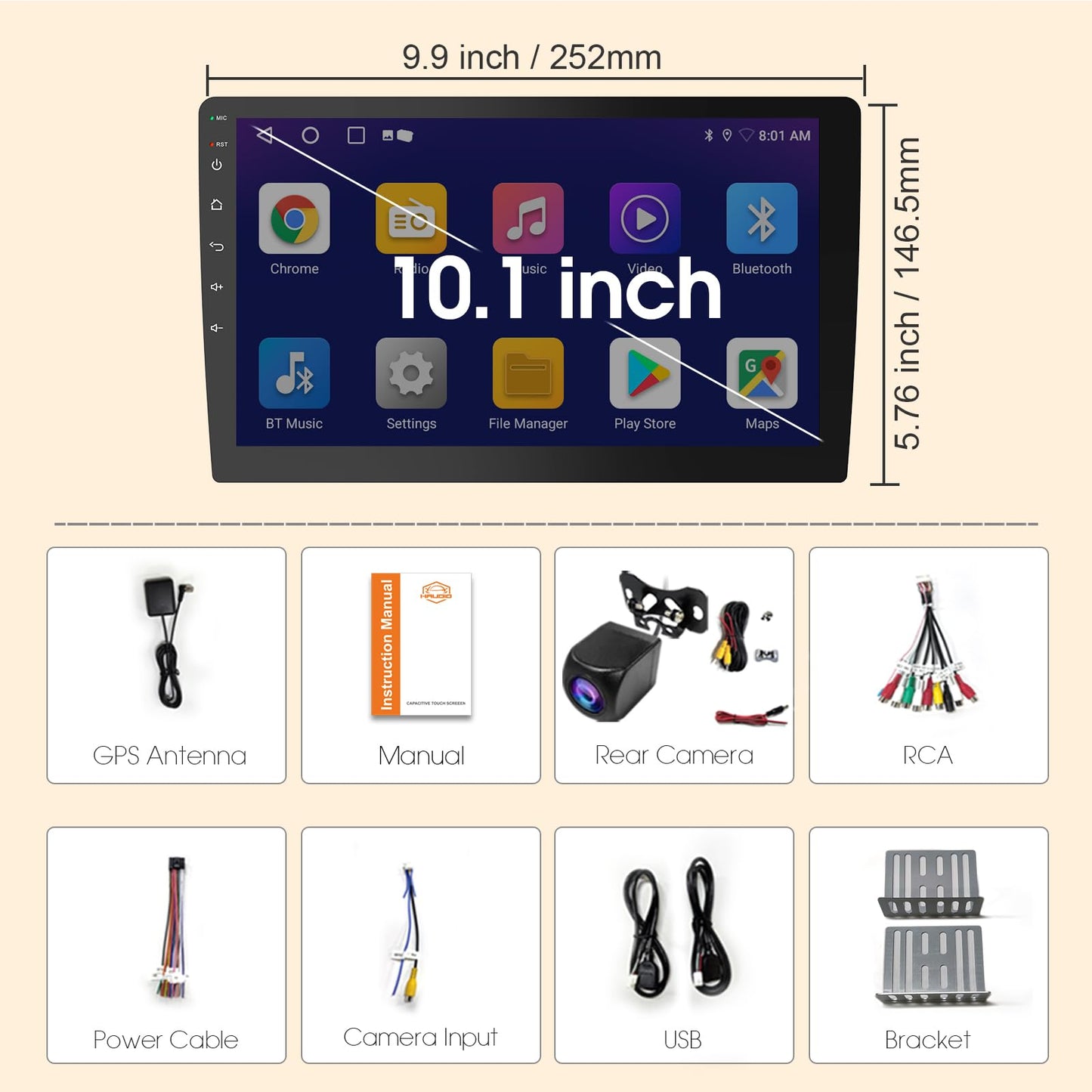Haudio Double Din Car Stereo, 10.1" HD Touchscreen with Wireless Apple Carplay & Android Auto, Mirror Link, Bluetooth 5.4, SWC, Subwoofer, 5.1 CHN, Backup Camera, 4+64GB, FM/AM Car Radio Receiver