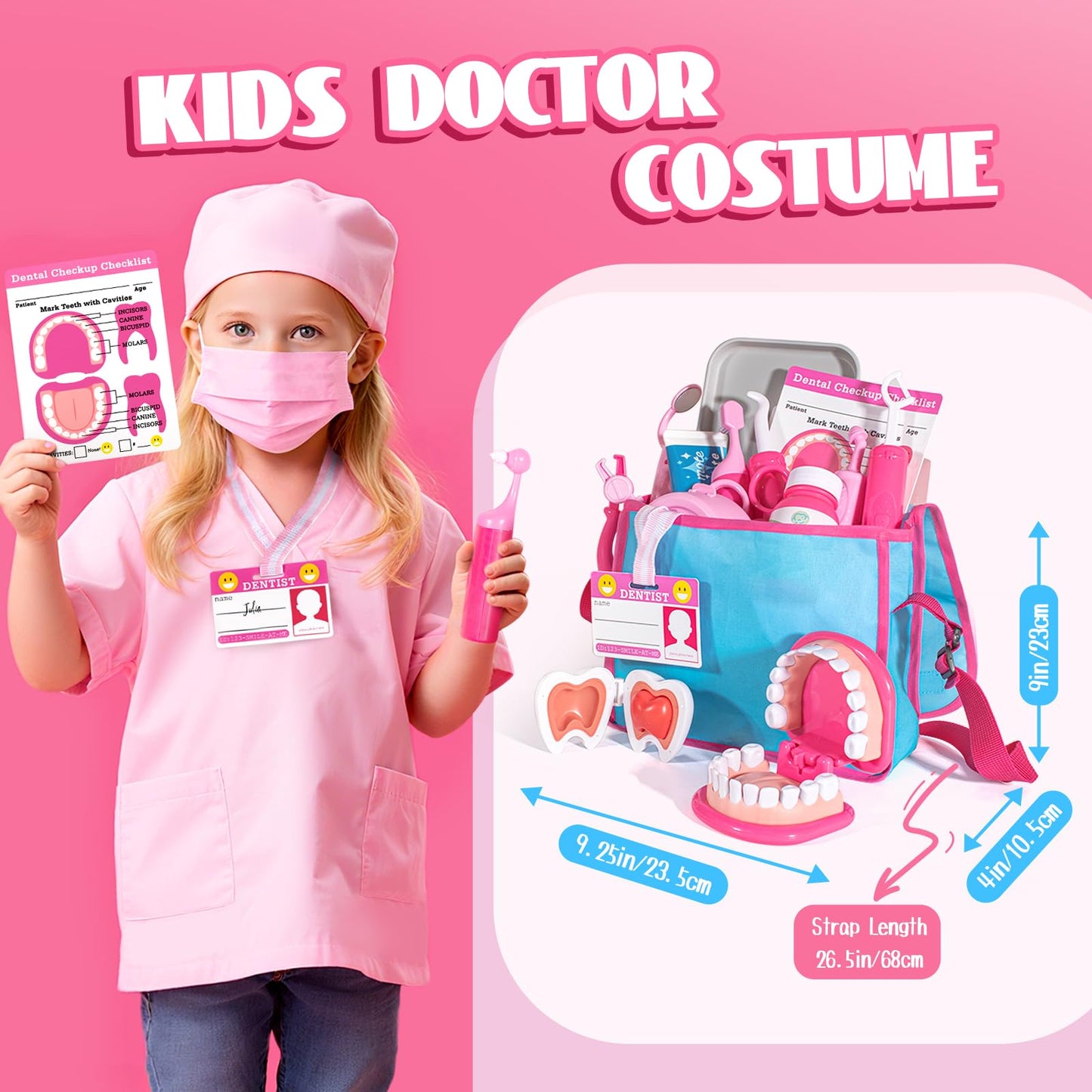 ULOVEME Kids Dentist Play Set Pink with Braces /Removable Teeth /Retainer - Doctor Kit for Toddlers 3-5 - Educational Toys for 4+ Year Old Girls - Pretend Play Toy for Ages 5-7 (Pink)