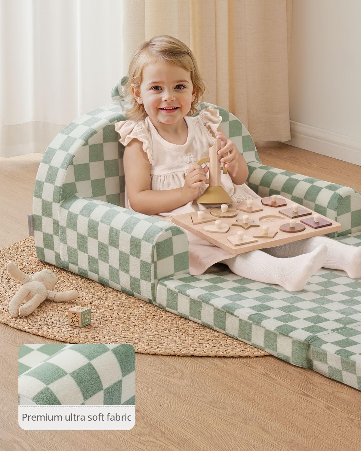 Blissful Diary Foldable Toddler Couch, 2-in-1 Toddler Chair & Sofa for Sitting and Play, Kids Couch for Playroom, Bedroom, Gift for Girls Boys, Sage Checkered