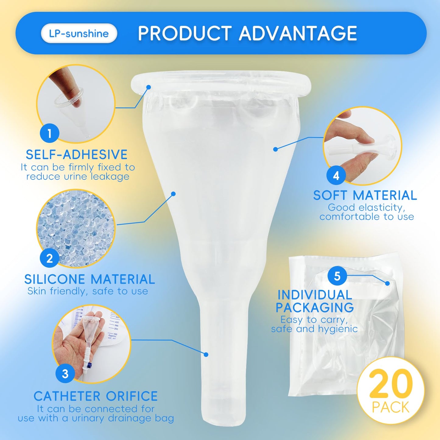 20 PCS Silicone Condom Catheters, Self-Sealing Set, Condom External Catheters, Day and Night Use for Quick and Easy Drainage, No Backflow, No Leakage (32mm/1.26inch)
