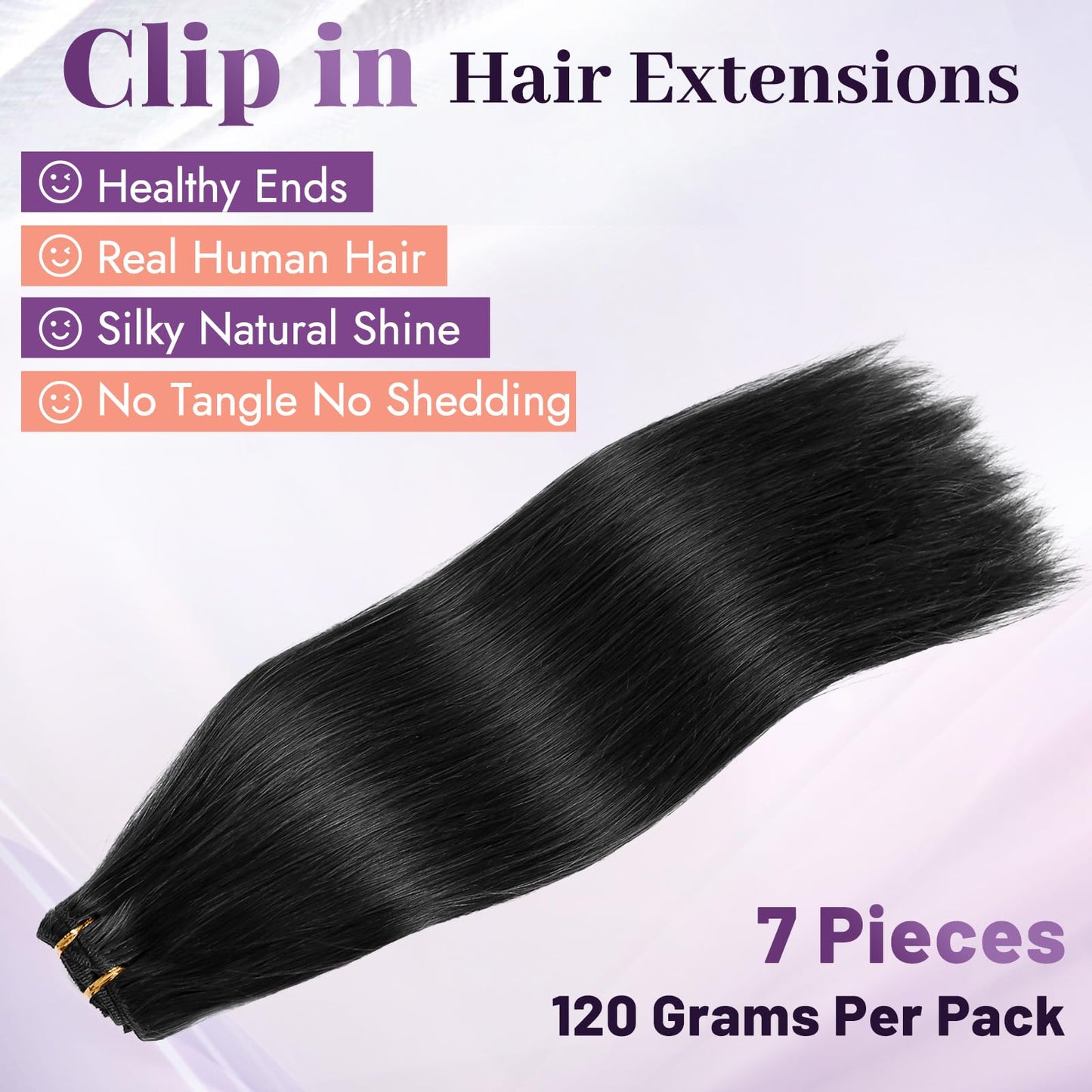 Starmo Clip in Extensions Real Human Hair Black Remy Lace Weft 20 Inch 7PCS 120g for Women
