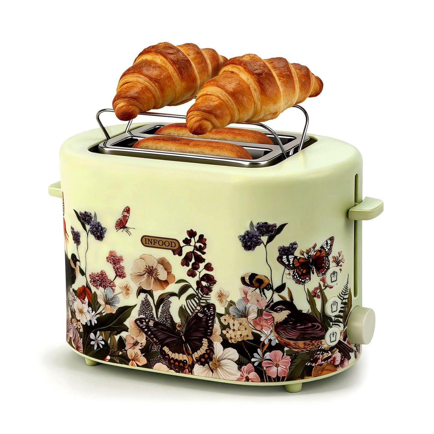 INFOOD Retro Toaster 2 Slice - 6 Toast Settings, Cancel/Defrost/Reheat Buttons, Built-in Warming Rack & Removable Crumb Tray, 1.5 Inches Extra Wide Slots, 750W, Floral Design