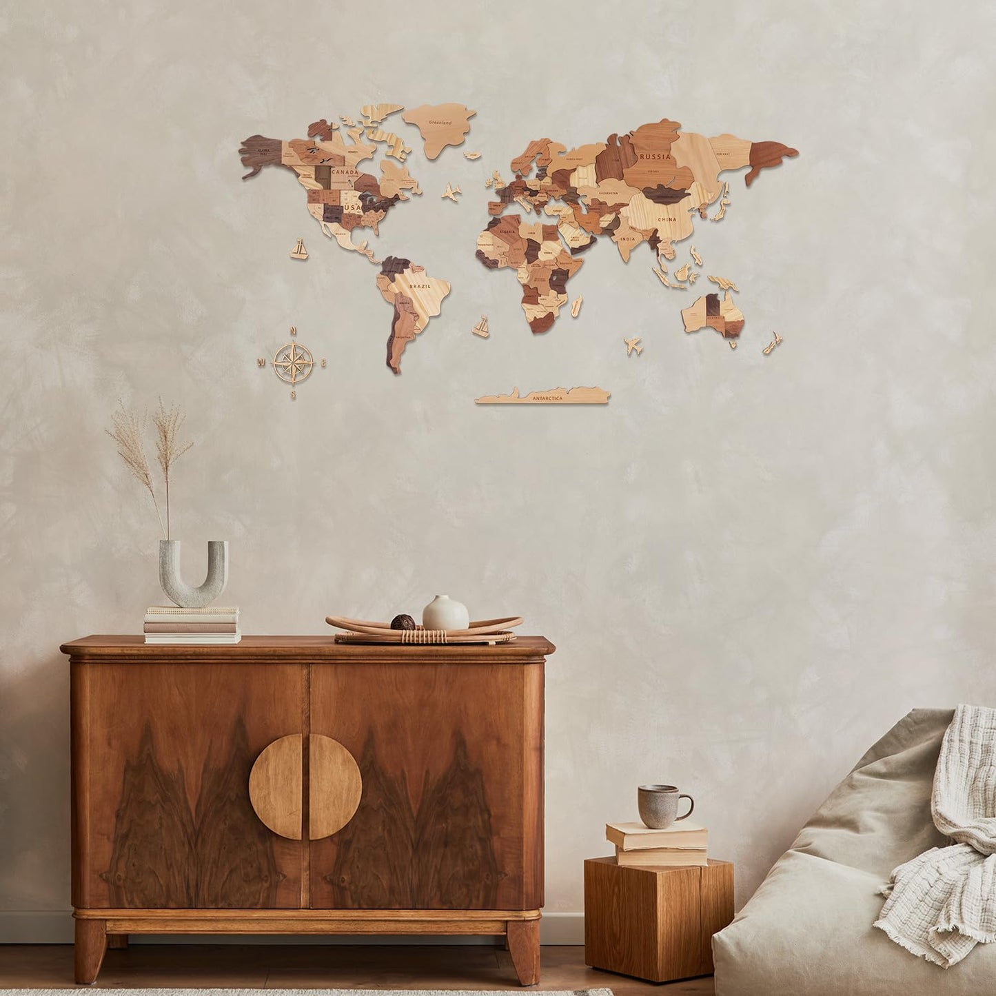 Handiwoo Wooden World Map 3D, Wood World Map Wall Art, Multilayered Wooden Map of The World Wall Decoration, Idea Housewarming Gift Large Wood Travel Map for Home & Office Décor (M)