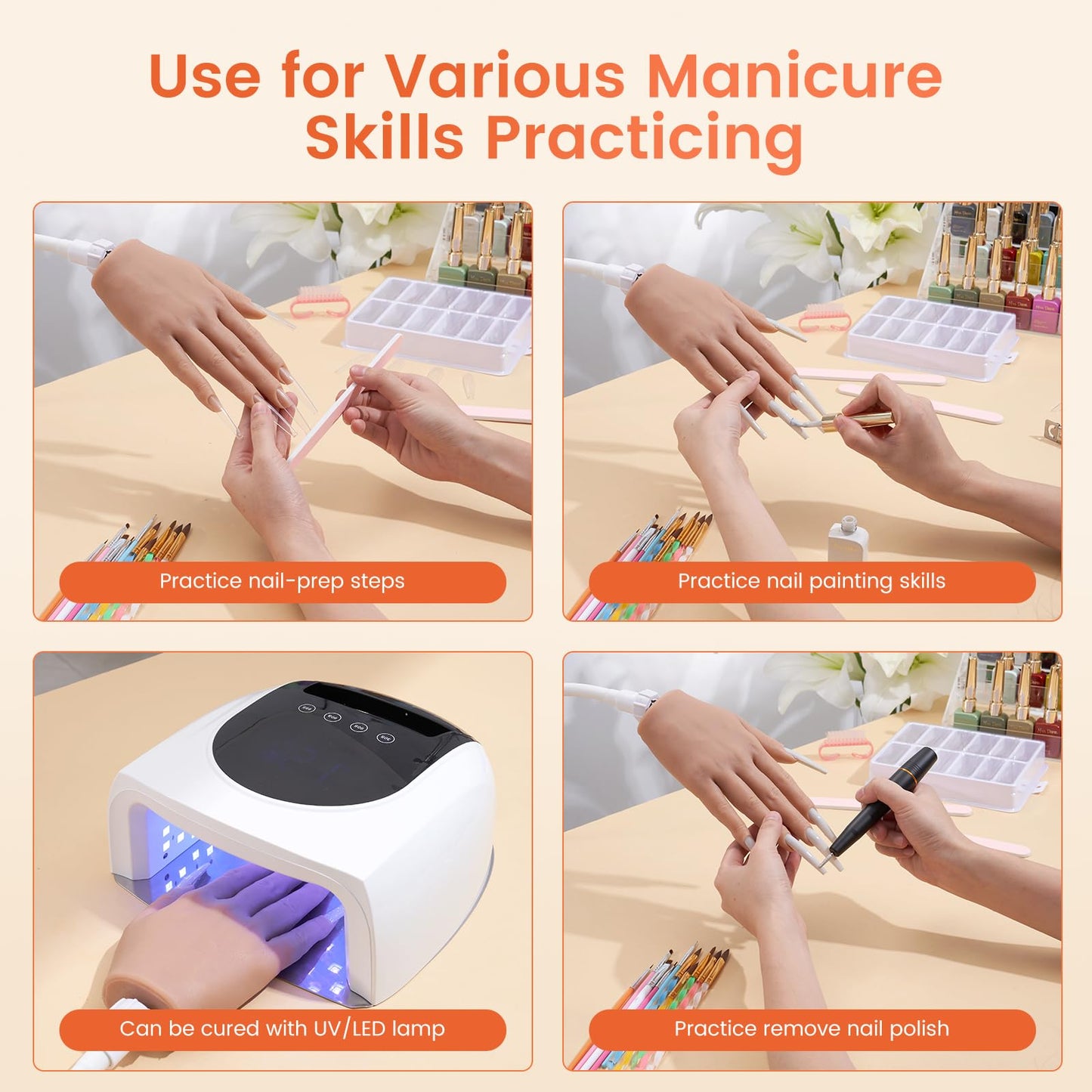 Wilfniee Silicone Practice Hand for Acrylic Nails With Removable DIY Tattoo Stickers - Flexible Silicone Hand for Nail Practice - Realistic Nail Mannequin Hand to Practice Acrylic Nails for Beginners