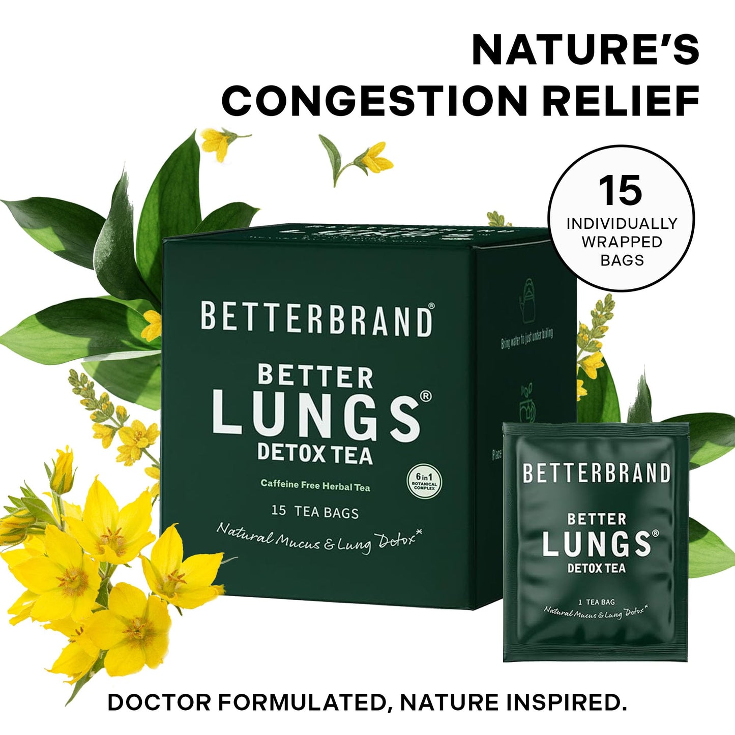 Betterbrand Mullein Tea Bags for Lung Detox - Respiratory Support with Thyme, Elderberry, Ginseng, Ginger, Caffeine Free Herbal Blend - 15 Tea Bags (Pack of 2)