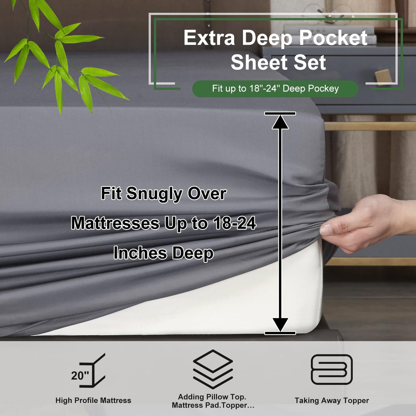 Ivellow Deep Pocket King Sheets, Rayon Derived from Bamboo, Extra Deep Pocket up to 18"-24", Hotel Luxury Cooling Sheets for King Size Bed, Silky Soft, Smooth, Breathable Bed Sheets Grey