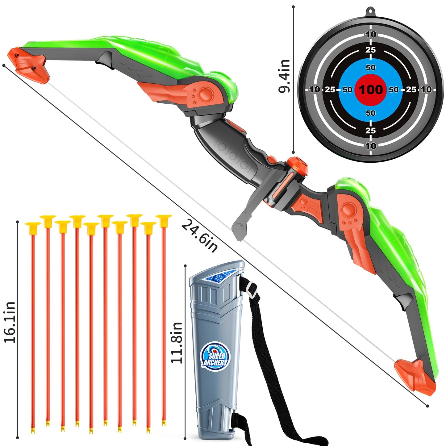 TMEI Bow and Arrow Set for Kids - Archery Toy Set - LED Light Up with 10 Suction Cup Arrows, Target & Quiver, Indoor and Outdoor Toys for Children Boys Girls(Green)