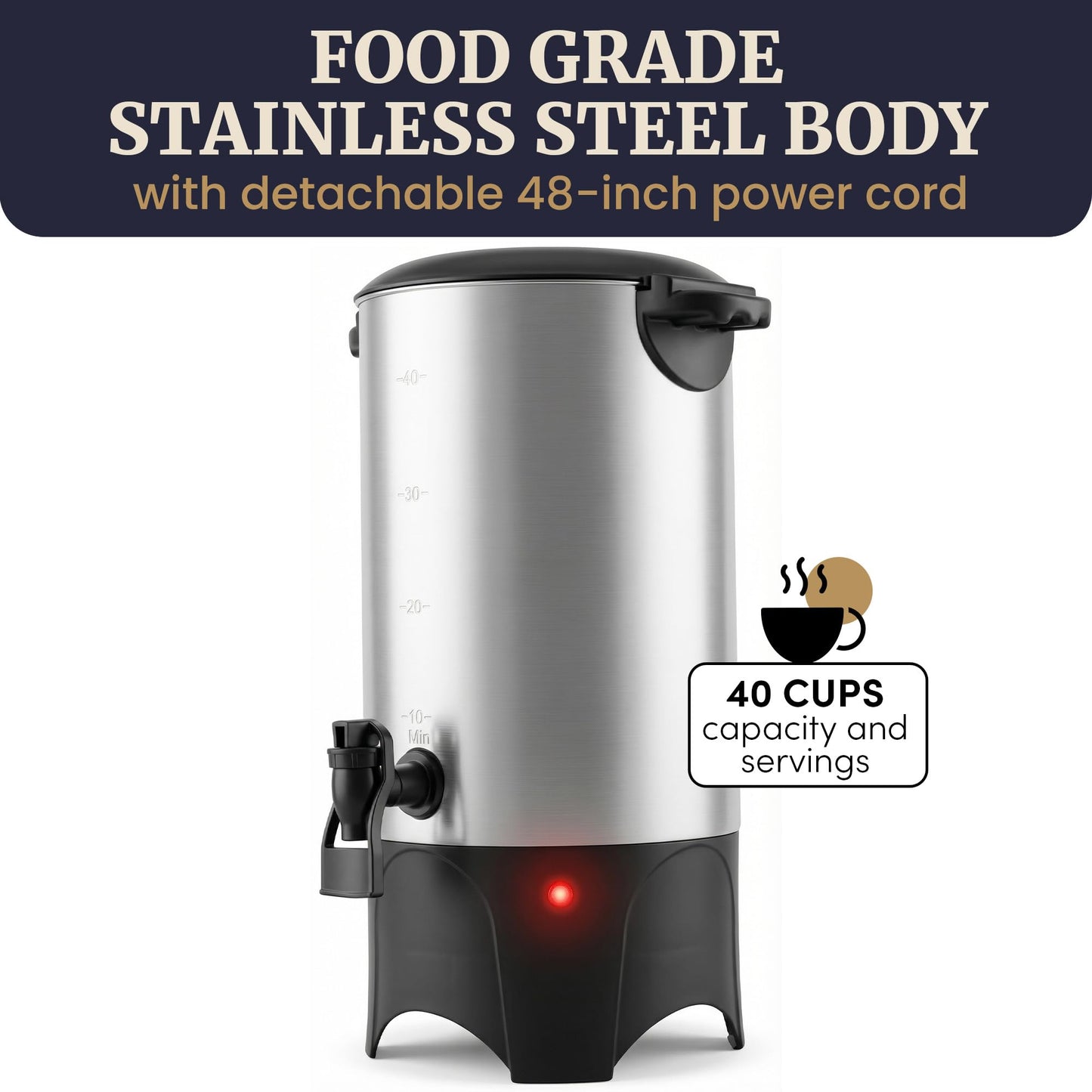 Elite Gourmet CCM040X 40 Cup Electric Hot Water Coffee Brewer Urn, Removable Filter For Easy Cleanup, Two Way Dispenser with Cool-Touch Handles, Stainless Steel