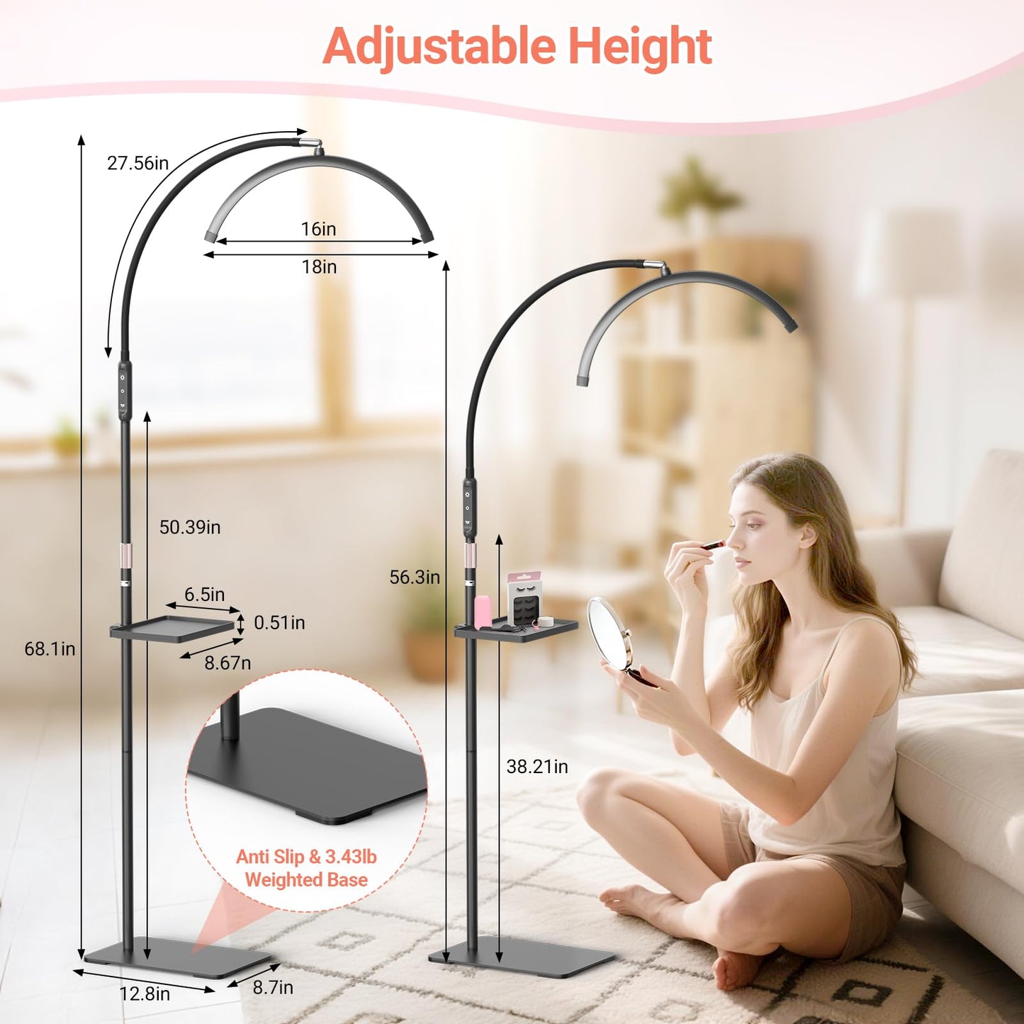 LIONVISON Half Moon Lash Light: 6500K LED Lamp Ring Light with Tray - 360° Flexible Gooseneck Durable Metal Stand - Salon Use for Lash Artists Eyelash Extensions (18In Black)