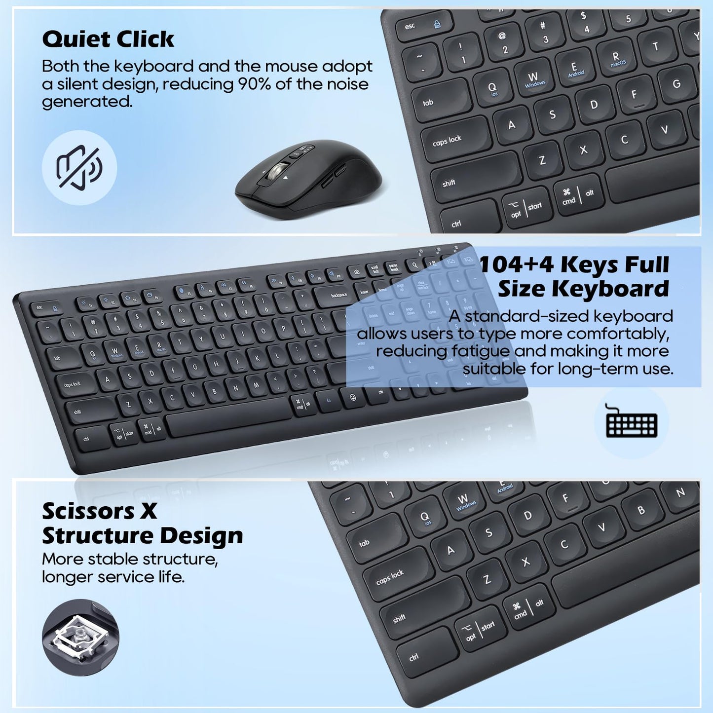 CITLLA M9300 Wireless Keyboard Mouse Combo, Scissor-Switch Keys, 2-in-1 USB Receiver and Dual Bluetooth, Multi Device Silent Design for PC, Computer, Laptop, MacBook and iPad.