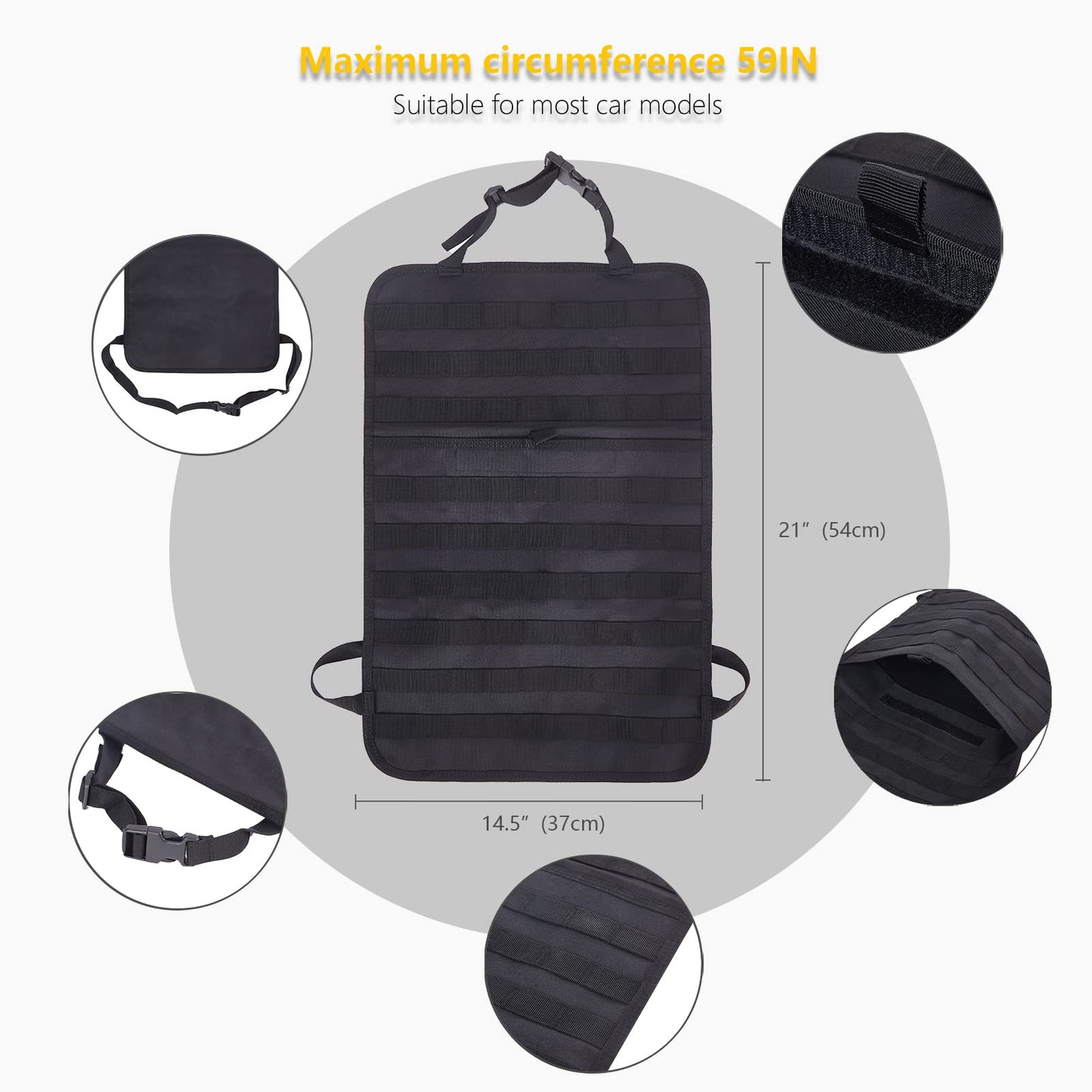 Universal Tactical Seat Back Organizer Vehicle Molle Panel Organizer Storage Bag with 5 Detachable Molle Pouch for All Vehicel Such as Jeep,Truck,SUV, Car, Ford,Chevy,Toyota etc. (A model-Black)