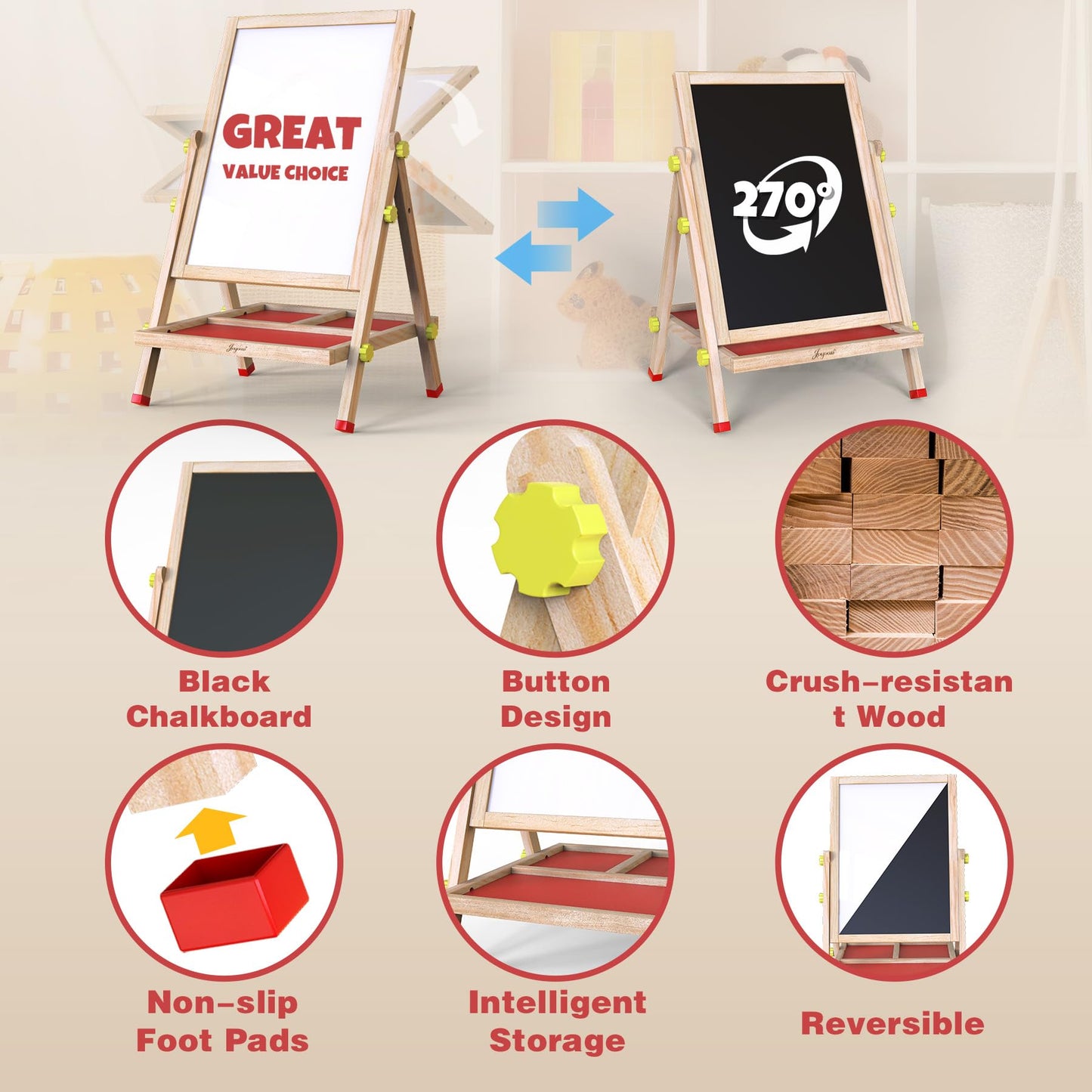 JOYOOSS Easel for Kids Chalkboard,Wooden Blackboard for Kid Toddlers Easel Adjustable Magnetic White Board Chalkboard for Kids Dry Erase Art Easels for Toddler Drawing Board for Kid Ages 4-8 8-12 Red