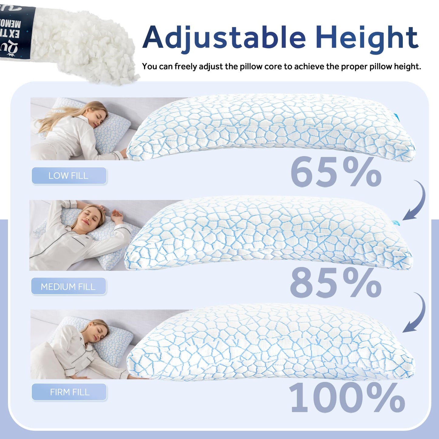 QUTOOL Side Sleeper Pillow for Adults, Adjustable Crescent Pillow with Shredded Memory Foam, Double-Sided Cooling Cover, Curved Bed Pillow for Neck and Shoulder Support, Extra 200g Fill, Queen 1 Pack