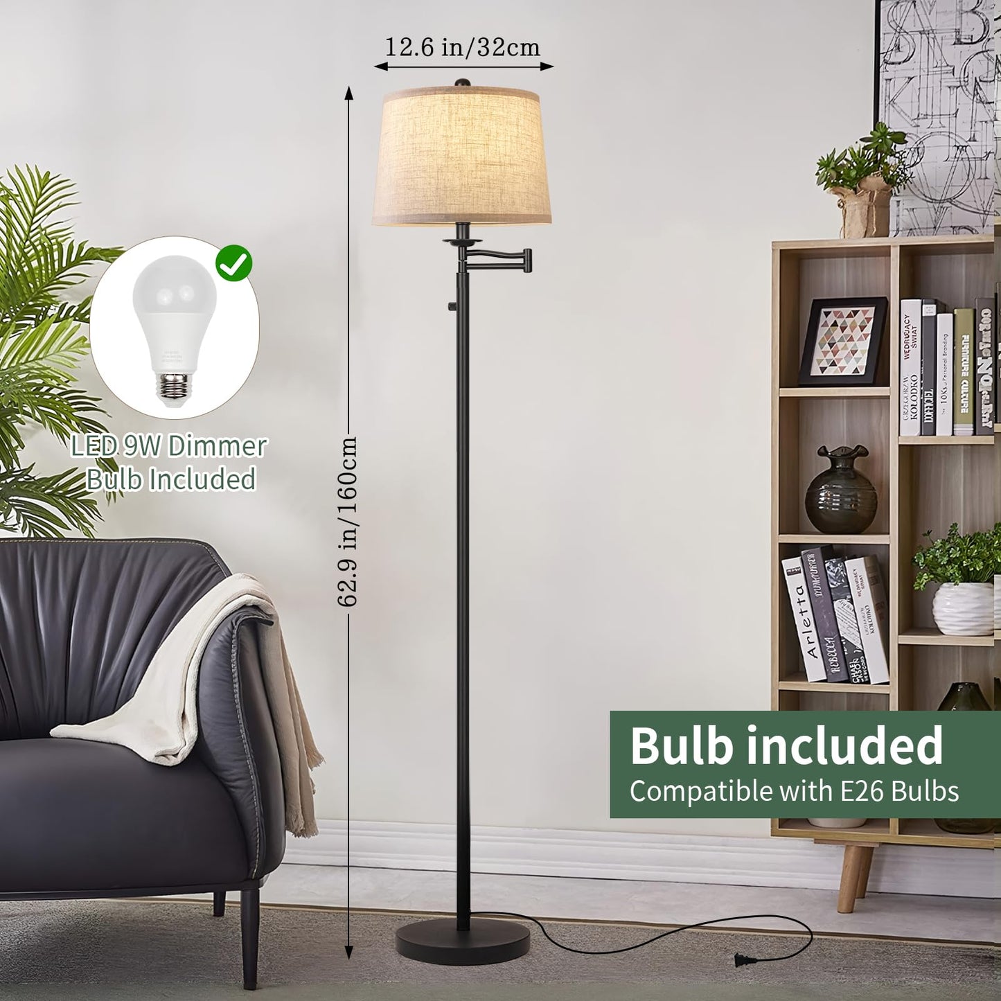 Ruiever Dimmer LED Floor Lamp,Tall Standing Lamp with Swing Arm,Black Lamp with Dimmer LED Bulb,Elegant Floor Lamp for Living Rooms & Bedroom (Black)