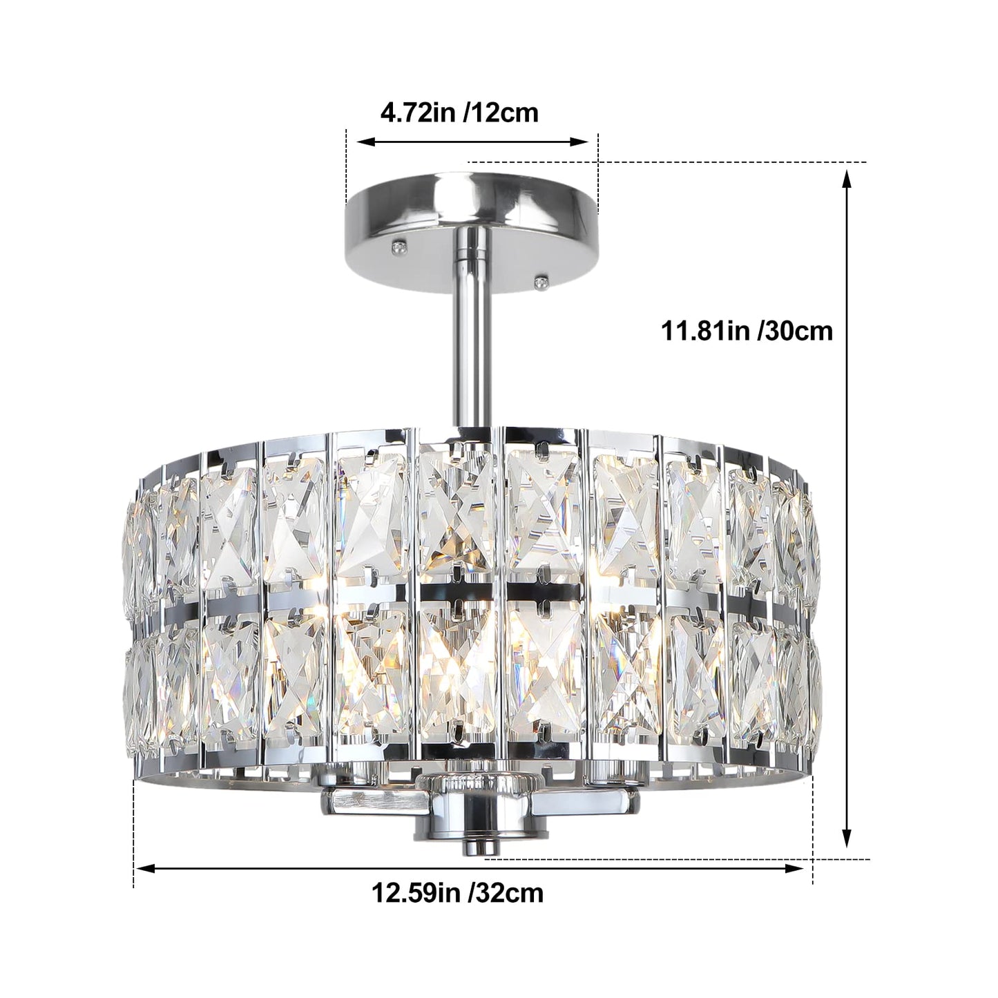 Cunfash 3-Ligth Round Crystal Ceiling Light, Modern Hallway Light Fixtures, 12.6" Chrome Semi Flush Mount Kitchen Chandelier with Cylinder Drum Shade for Closet Dining Room Bedroom