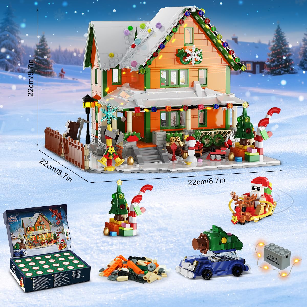 INSOON Advent Calendar 2025 Christmas House Mini Building Set with Light, 24 Days Countdown Snow Village Building Block Kit with Santa Claus Sleigh, Holiday Building Toy Gift for Adults Boys Girls 14+