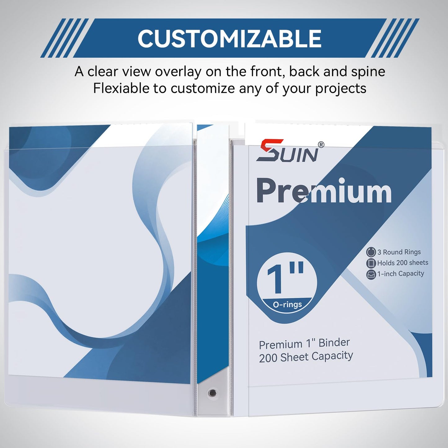 SUIN 1-inch 3 Ring Binder with 2 Pockets, Clear Customizable View Binders for US Letter Size 8.5'' x 11'', PVC Free, 1'' Binder for Office, Home, and School, White, 6 Pack