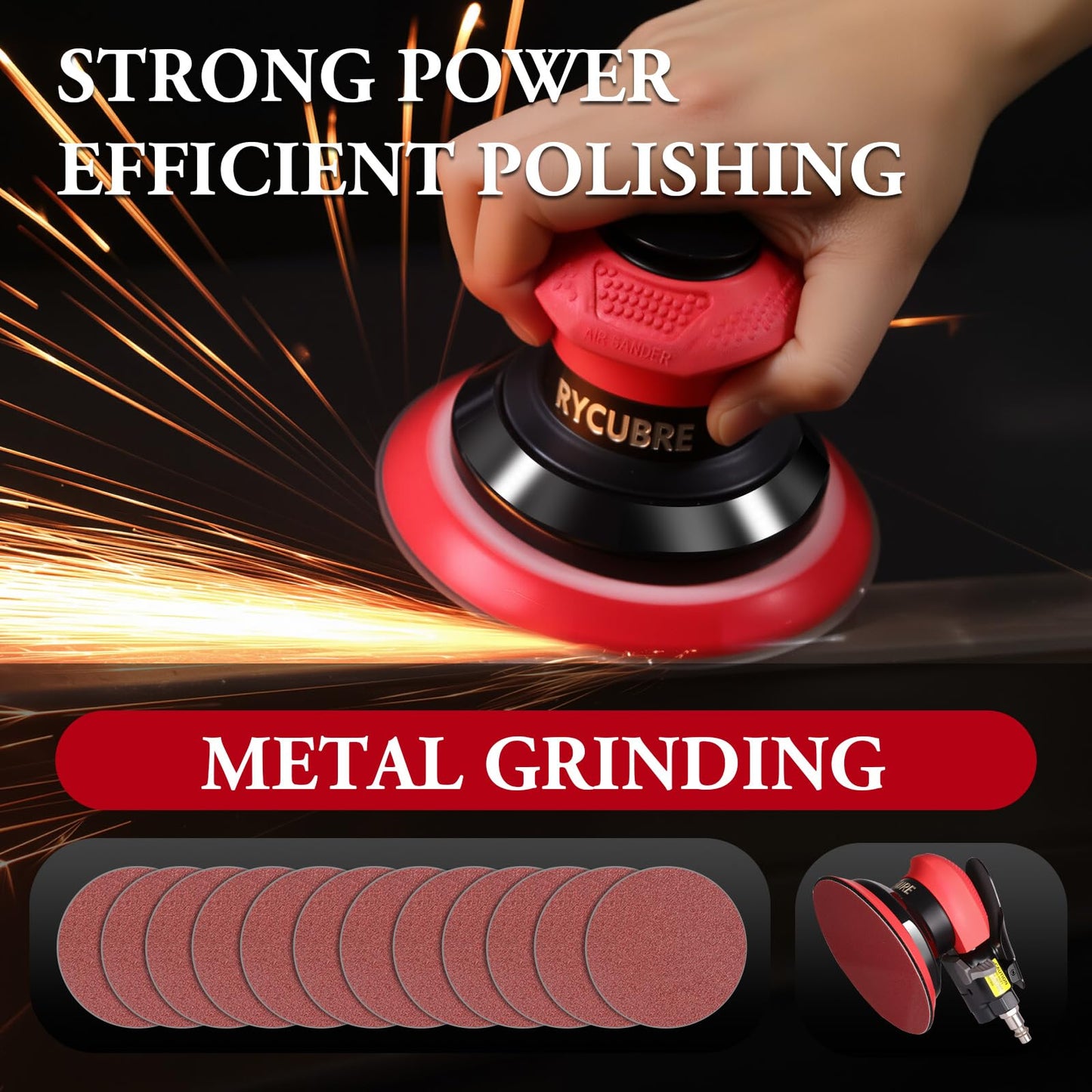 Pneumatic Air Sander – 5-Inch DA Palm Sander, High-Speed Random Orbital Sander for Woodworking & Auto Polishing (including 12 sandpaper + 4 polishing pads + accessories)