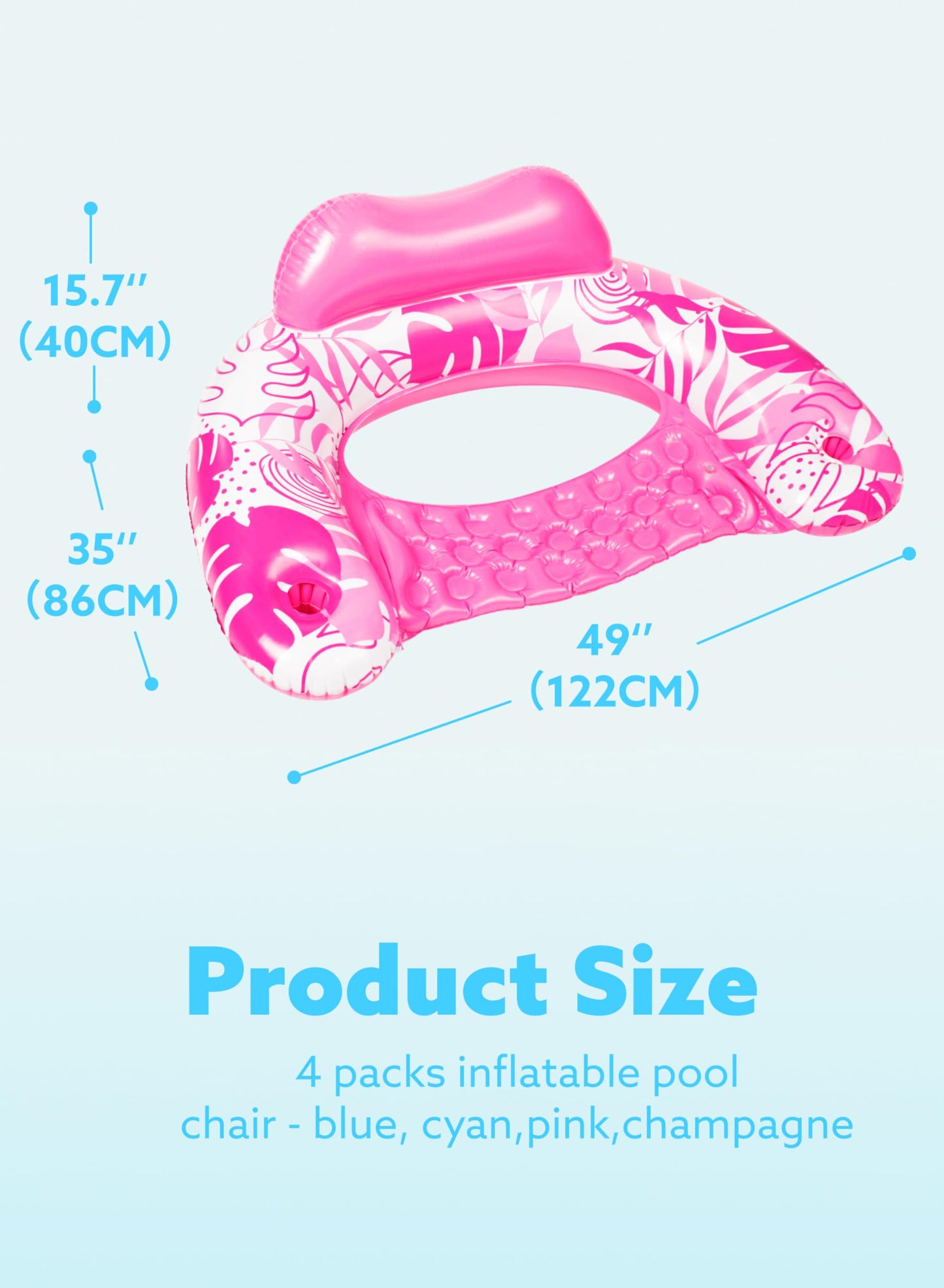 SLOOSH Inflatable Pool Floats Adult, 4 Pack Pool Chairs with Cup Holders,Blow up Floats Chair,Hammock Noodle Mat Leaves Design for Summer Water Fun Swimming Party Beach,Blue, Cyan, Pink, Champagne