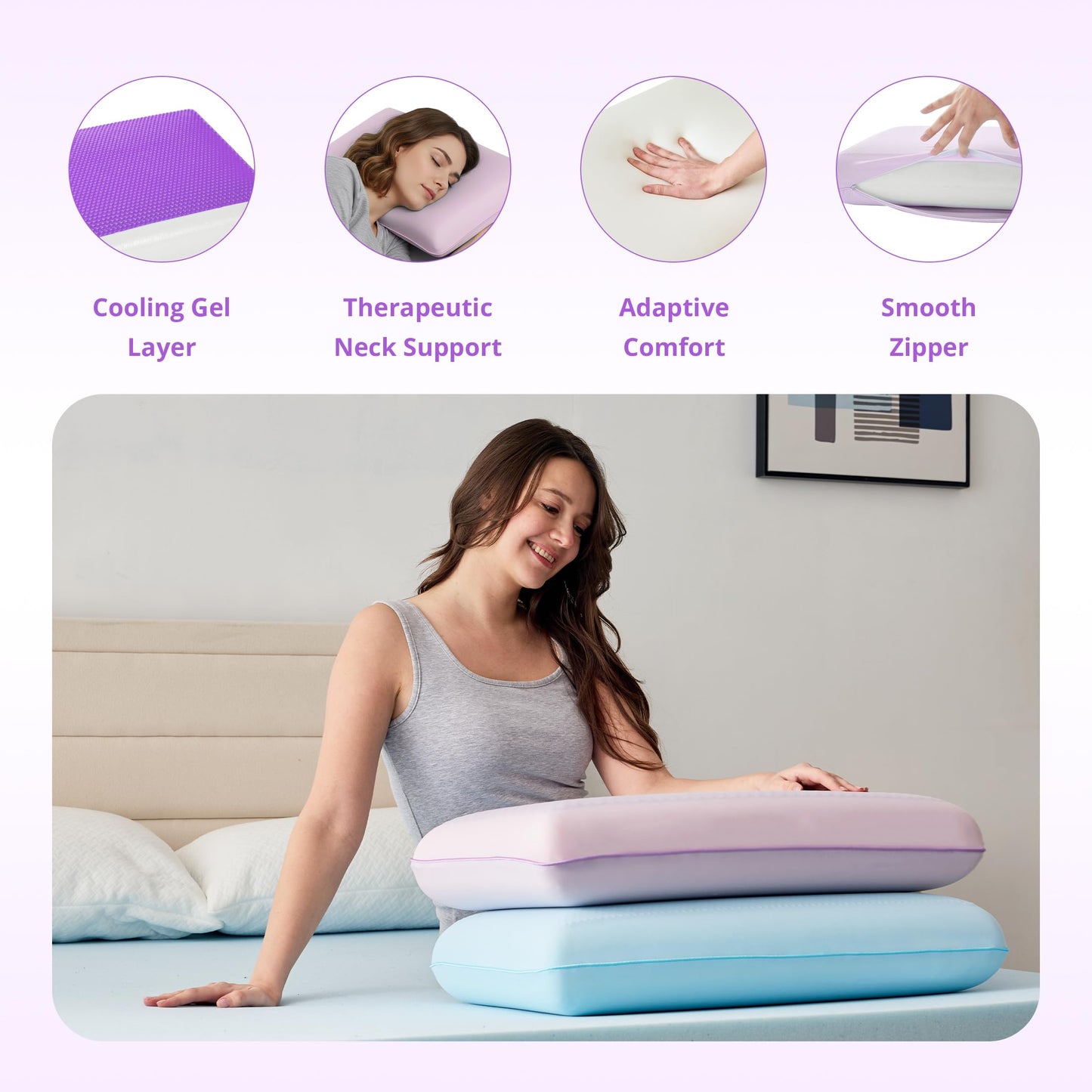 Gelsea Cooling Gel Memory Foam Pillow - Reversible Design, Neck Support for Side, Back, Stomach Sleepers, Standard Size, Removable & Machine Washable Cover, Pressure Relief for Hot Sleepers, Purple