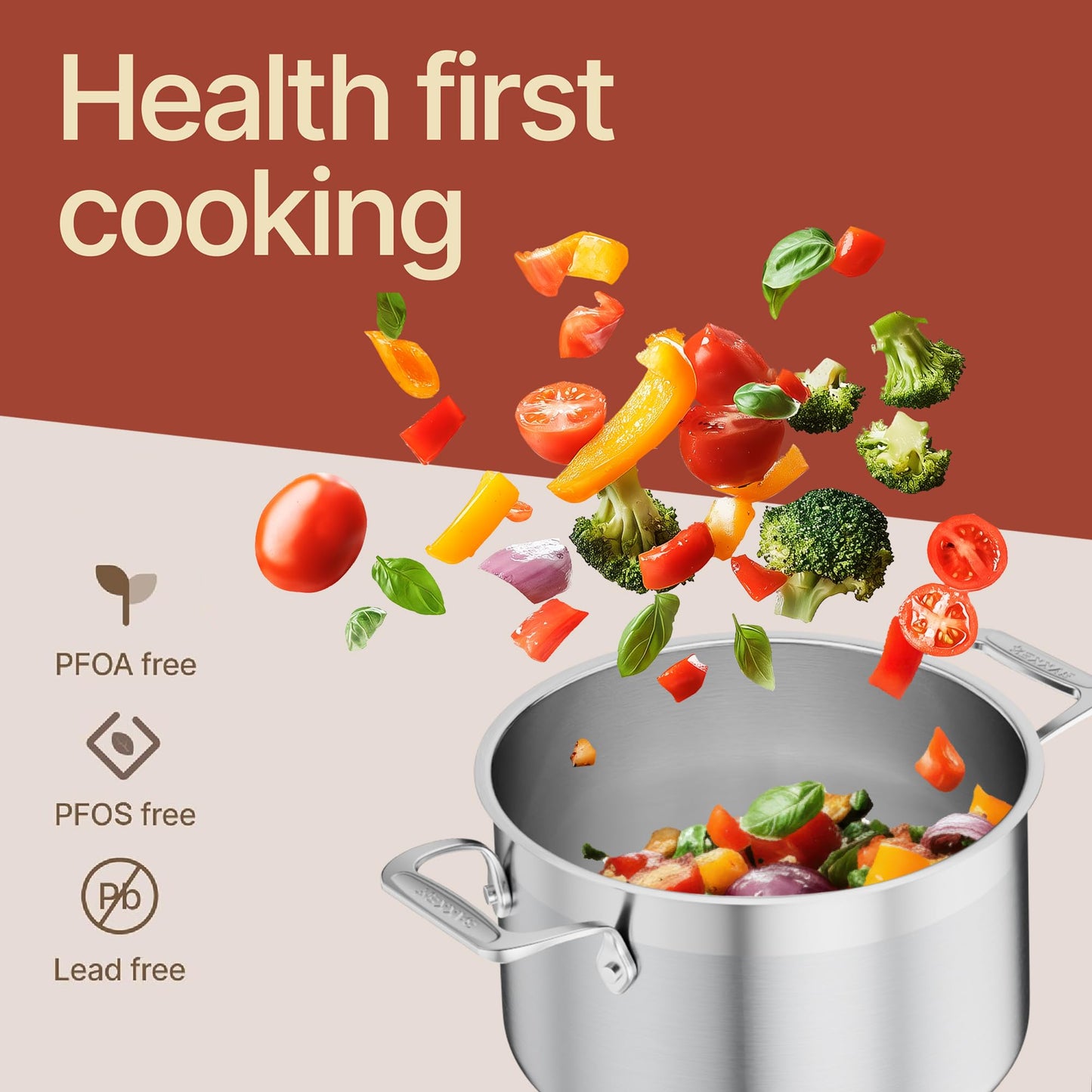 Stainless Steel Stockpot with Lid 5 Quart, Durable 18/8 Stainless Steel, Impact-Bonded Base for Even Heating, Riveted Handles, Oven & All Stove Compatible, Safe Up To 500°F (260°C)