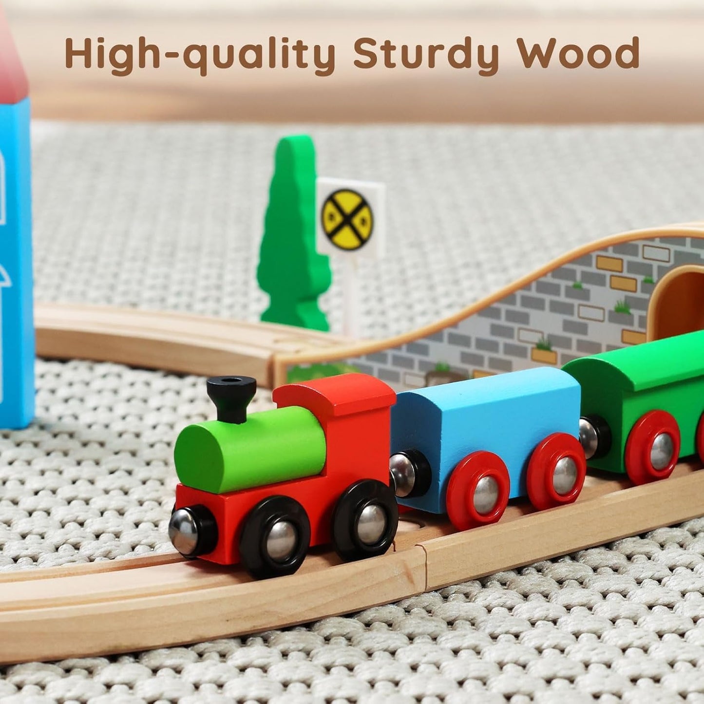 SainSmart Jr. Wooden Train Set for Toddler with Double-Side Train Tracks Fits Brio, Thomas, Melissa and Doug, Kids Wood Toy Train for 3,4,5 Year Old Boys and Girls (Small Town with Container)