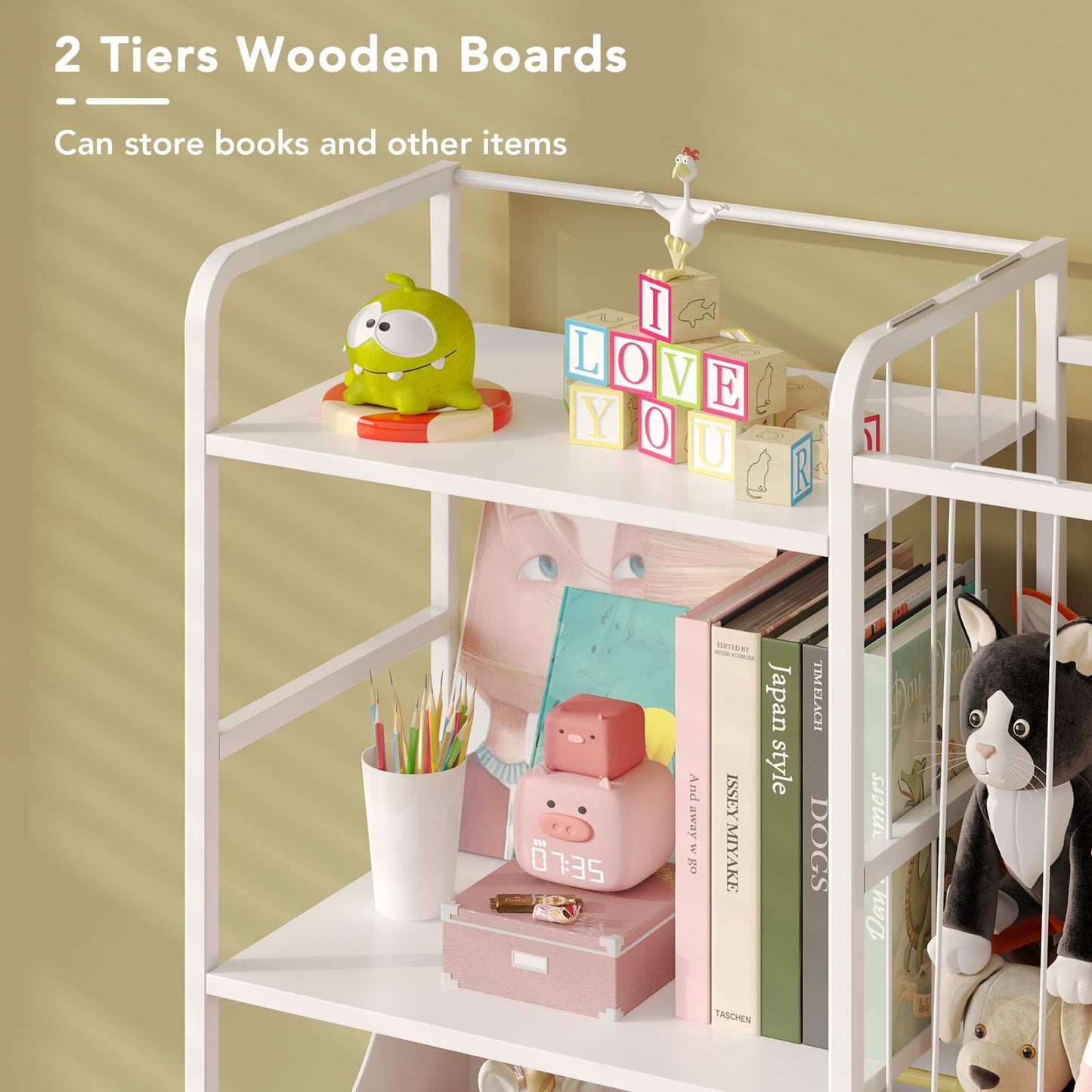 BBLIKE Kids Bookshelf and Toy Storage Organizer, Stuffed Animal Storage Holder with Fabric Toy Chest, 2-Tier Toddler Book Shelf for Kids Room, Playroom, Nursery, White