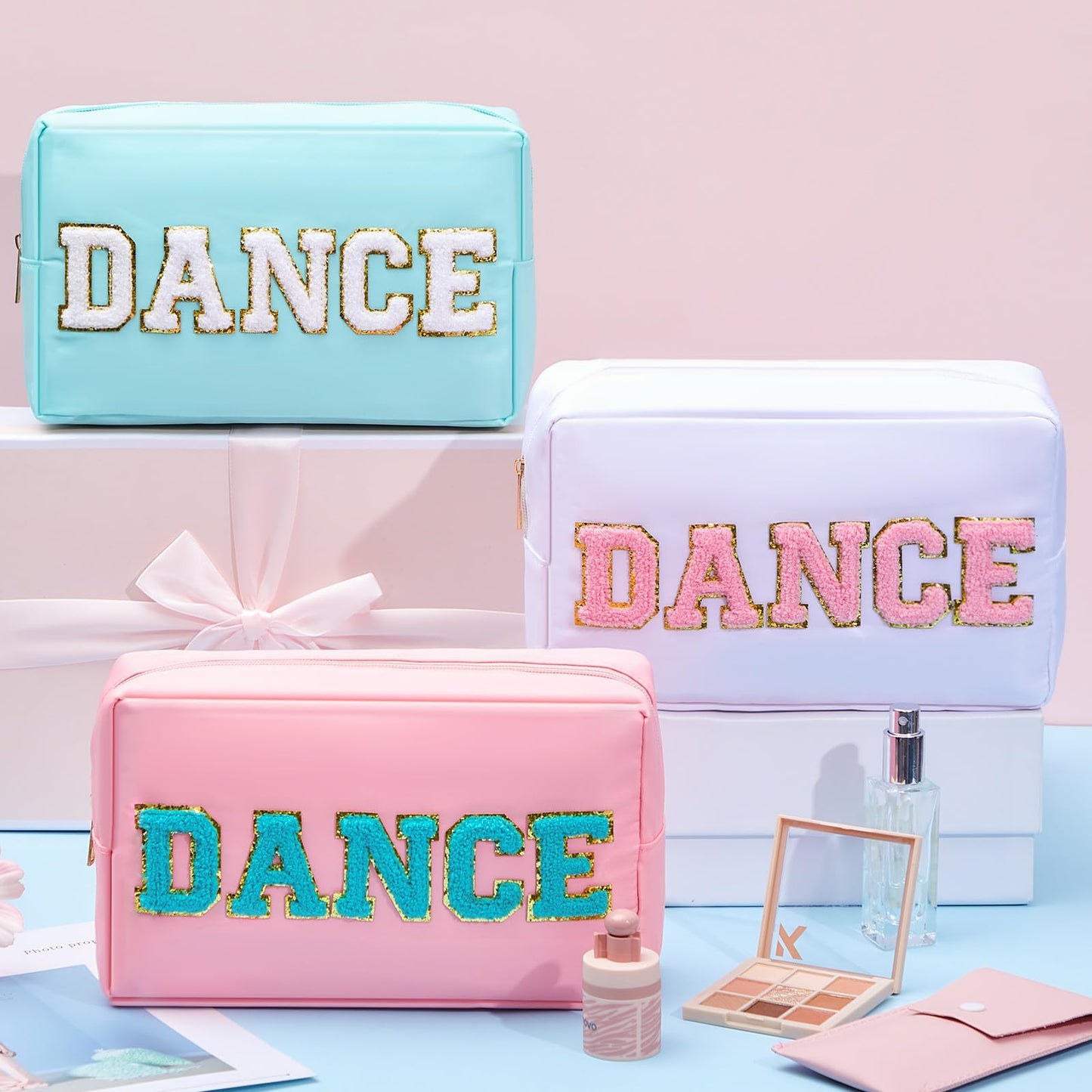 Clysee 12 Pcs Cosmetic Cheer Bag Bulk with Chenille Letter Patches Gifts Nylon Makeup Bag Portable Toiletry Zipper Pouch for Cheerleader Women Travel Accessories(Novel Colors,Dance)