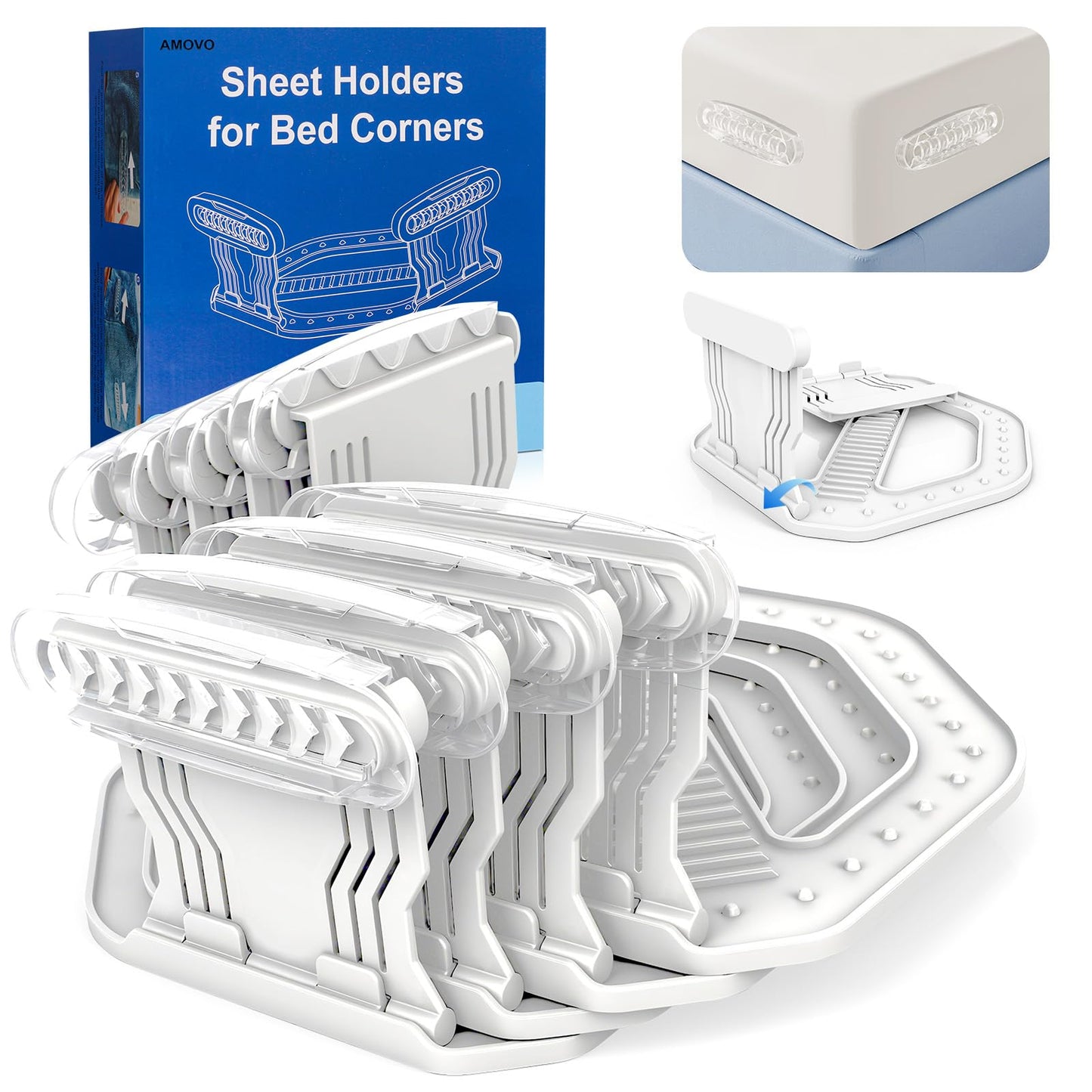AMOVO Bed Sheet Holders for Corners Keep Sheets in Place Firmly - Foldable Fitted Sheet Holders Heavy Duty Sheet Locks Mattress Sheet Fasteners, Set of 4 Lock Sheet Clips (Snow-White)