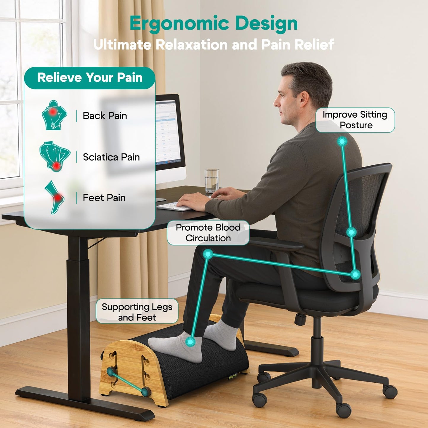 YEASHEIN Ergonomic Foot Rest Under Desk at Work, Bamboo Wood Adjustable Foot Stool Under Desk with 6 Positions, Office Footrests with Memory Foam, Leg Rest Used for Car, Home, PC Gaming Accessories