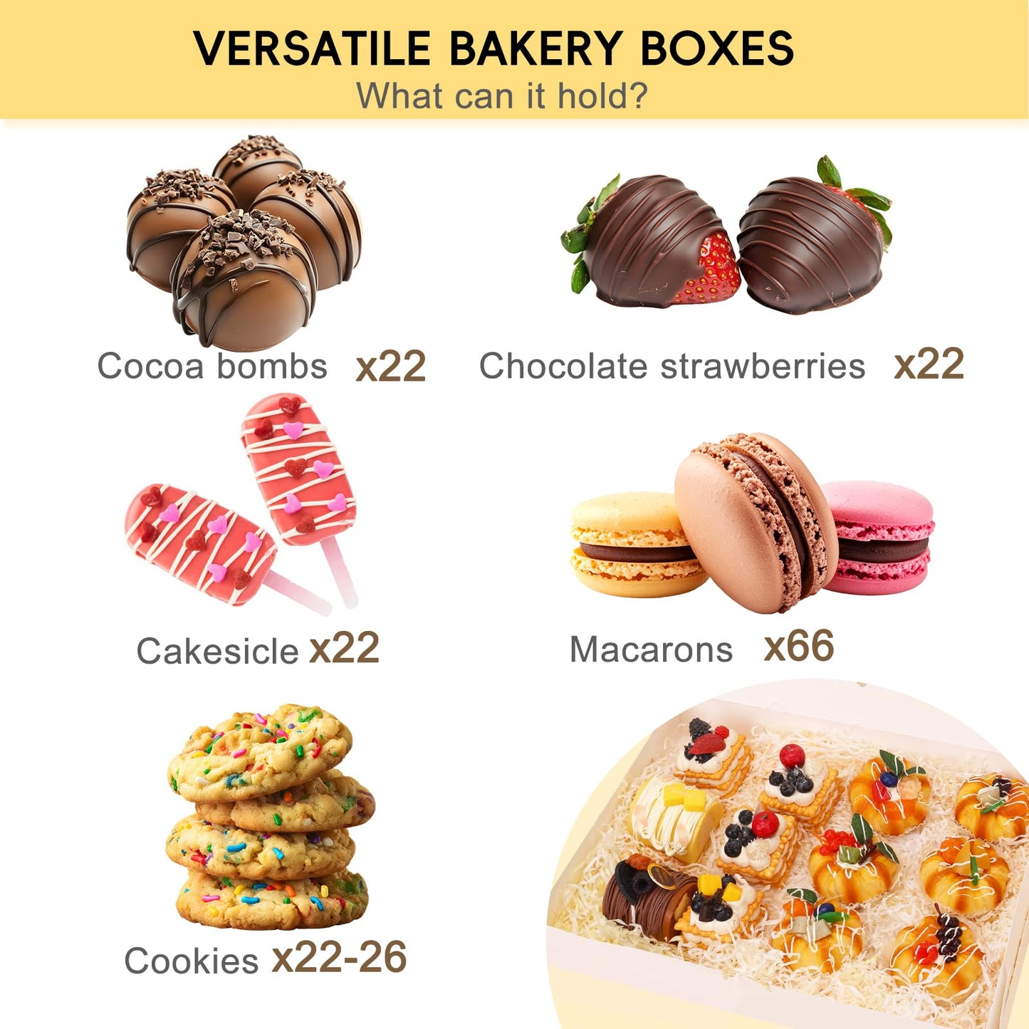 Moretoes 60pcs 16x11x2.5 Inch Cookie Boxes (Not Popup), Bakery Boxes with 3 Style Window for Pastries, Pies, Muffins, Chocolate Covered Strawberries