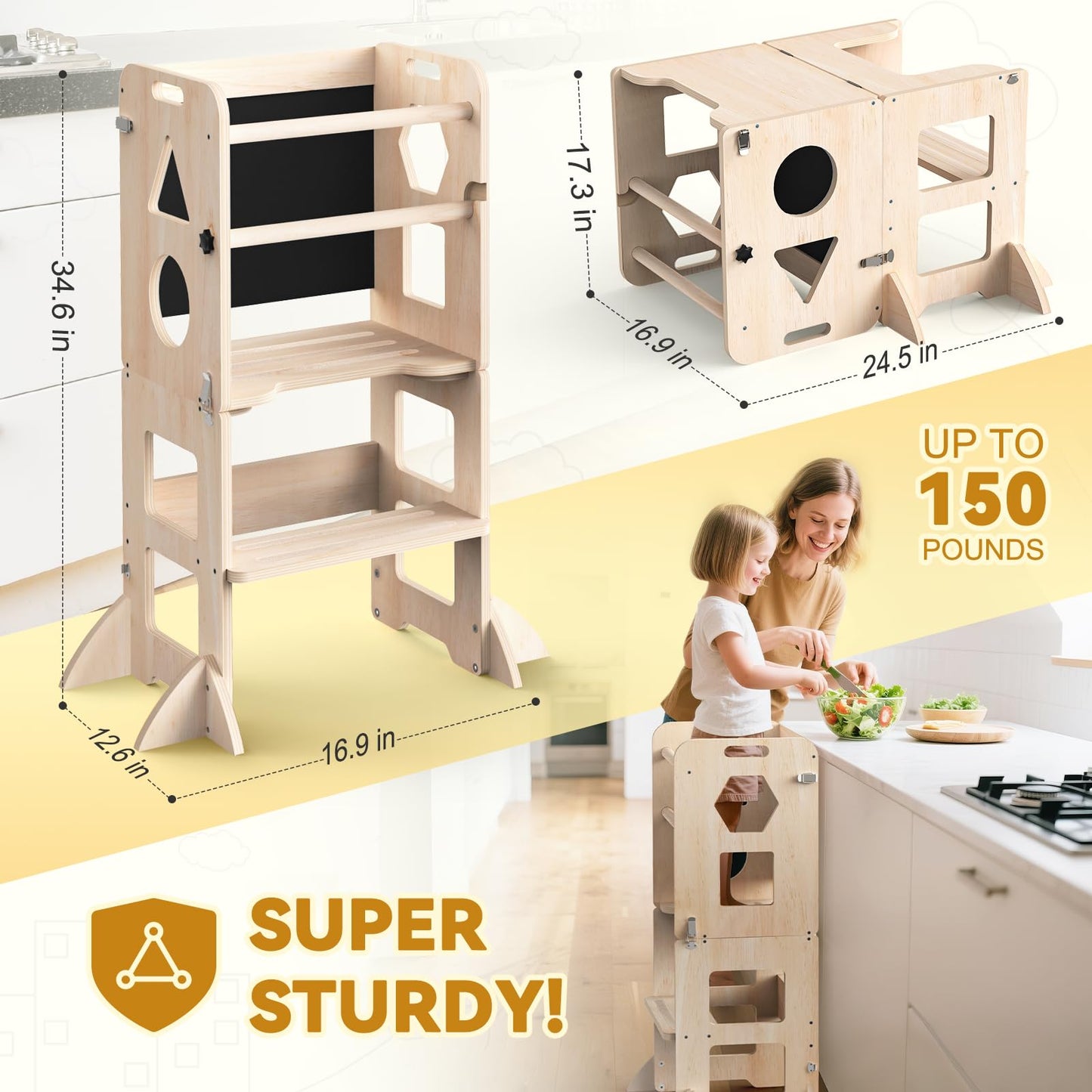 Woodure 3-in-1 Toddler Kitchen Step Stool, Foldable Learning Standing Tower with Blackboard, Wooden Kitchen Stool Helper for Kids