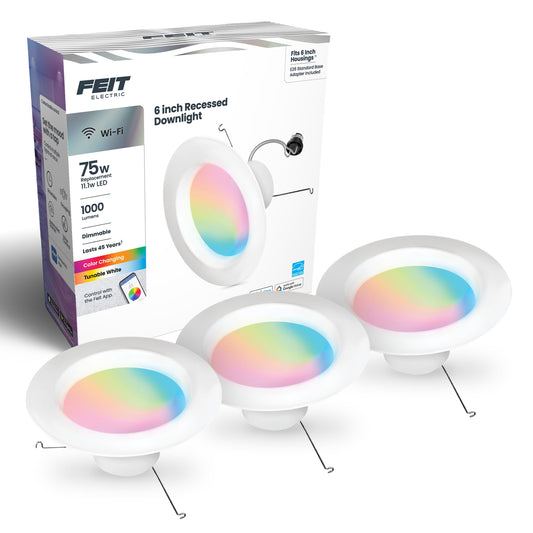 Feit Electric Smart Recessed Downlights, 5/6-Inch, 75W Equivalent, Color-Changing & Tunable White, 1000 Lumens, Dimmable, Compatible with Alexa/Google Assistant, LEDR6/RGBW/AG/3, 3 Pack