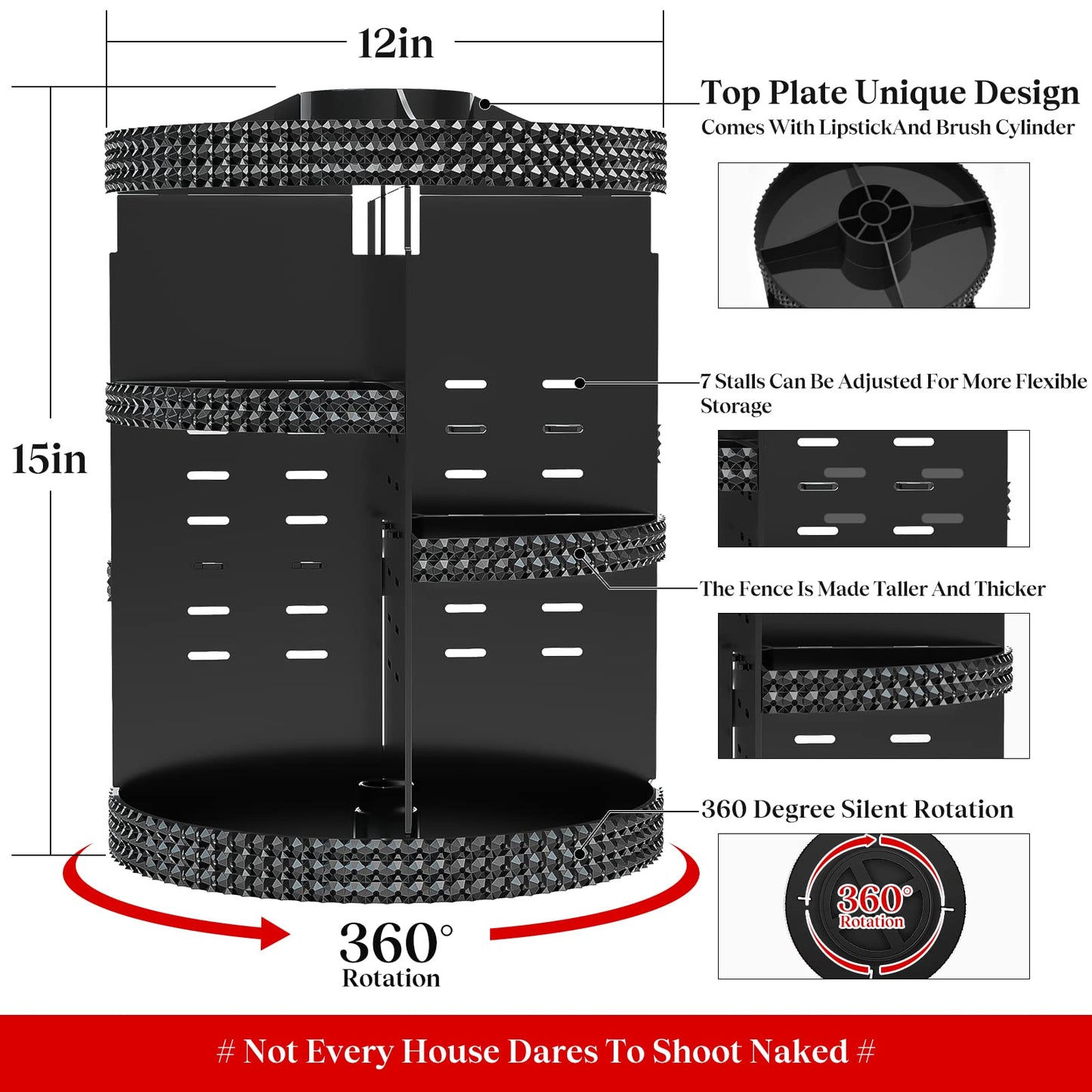 Famitree Black 360 Makeup Organizer Degree Rotating, 7 Layers Large Capacity Cosmetic Storage, Acrylic Makeup Organizers, Organizador De Perfumes Fits Makeup Brushes, Lipsticks, Bathroom, Black