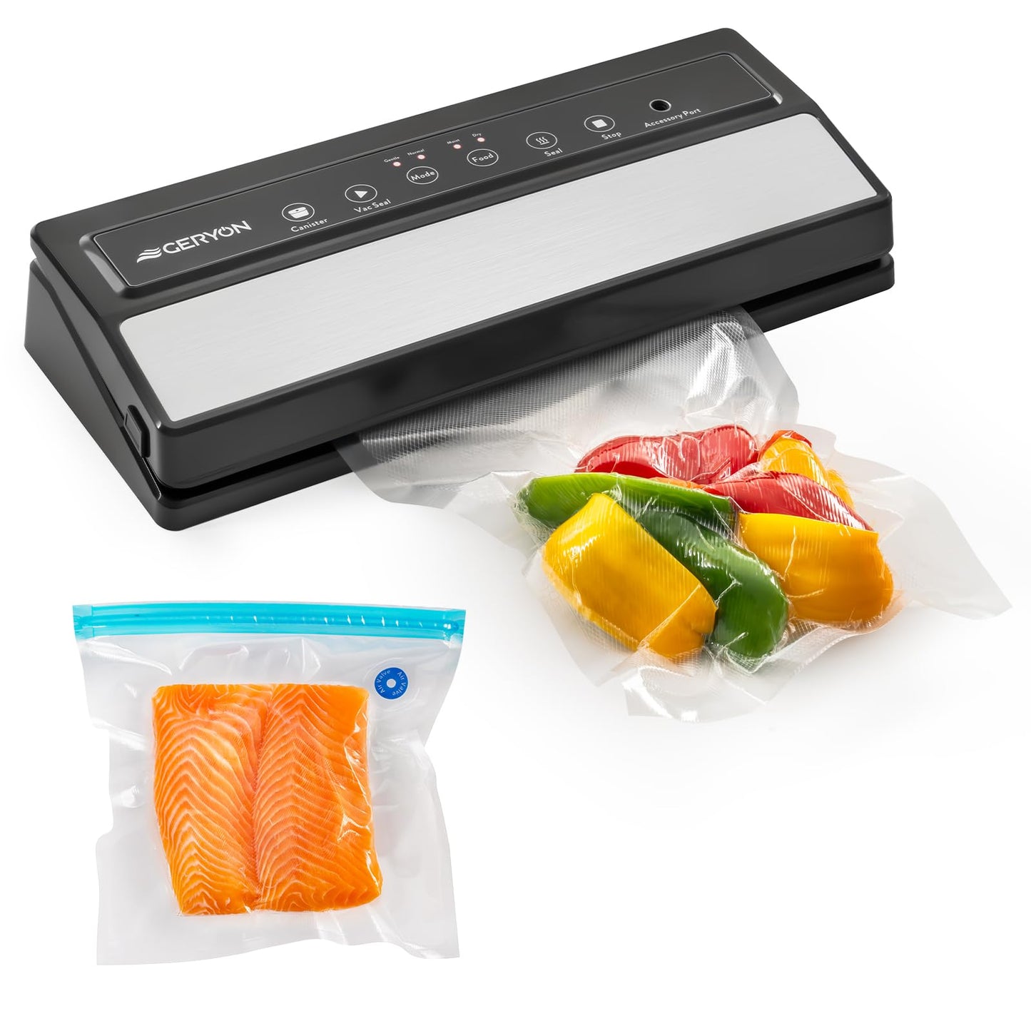 GERYON Vacuum Sealer Machine for Dry & Moist Food, Works with Reusable Vacuum Bags, Compact Design with LED Touch Controls, Includes Reusable Bags & Roll for Sous Vide & Freezer Storage