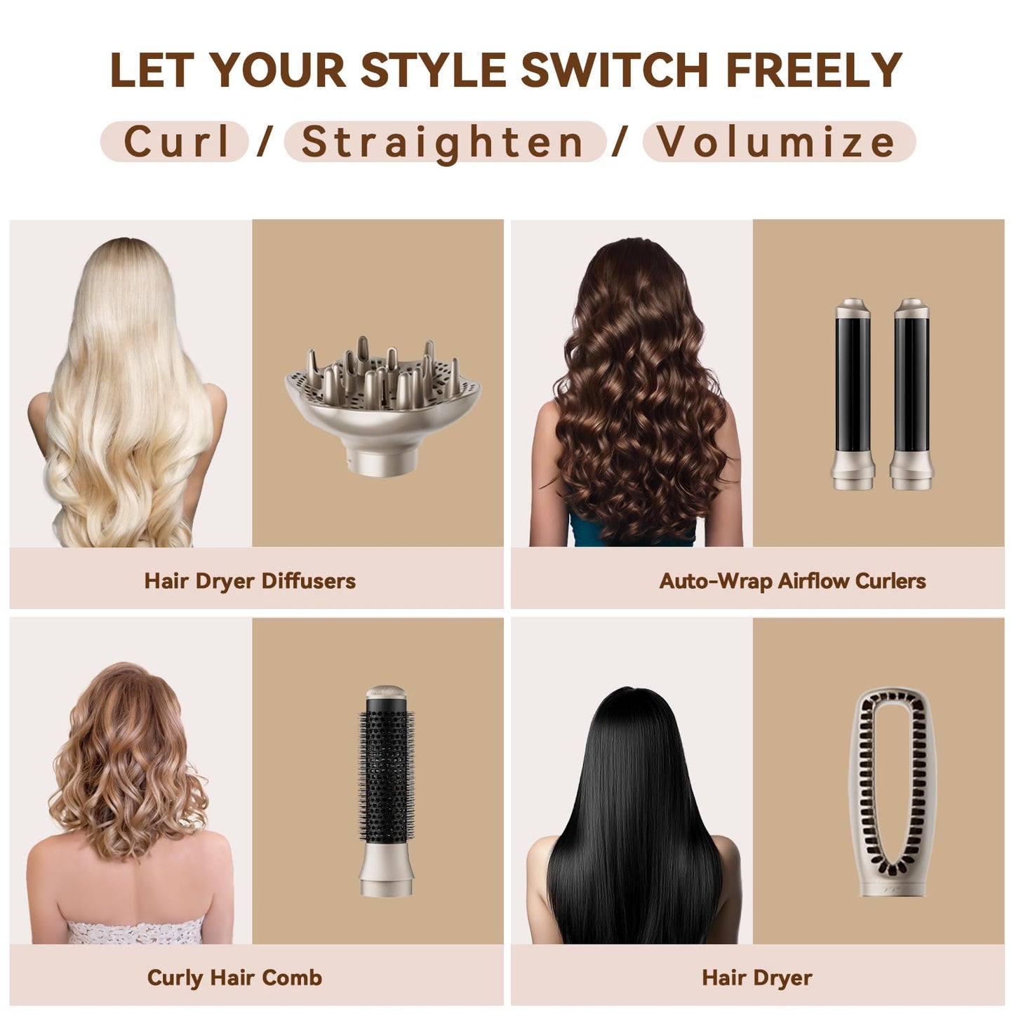 Bo'laiya 5-in-1 Hot-Air Brushes Brush for Straightening, Curling & Styling, Detachable & Interchangeable Brush Head, Negative Ionic Technology, for All Hair Types,Protective Glove Included